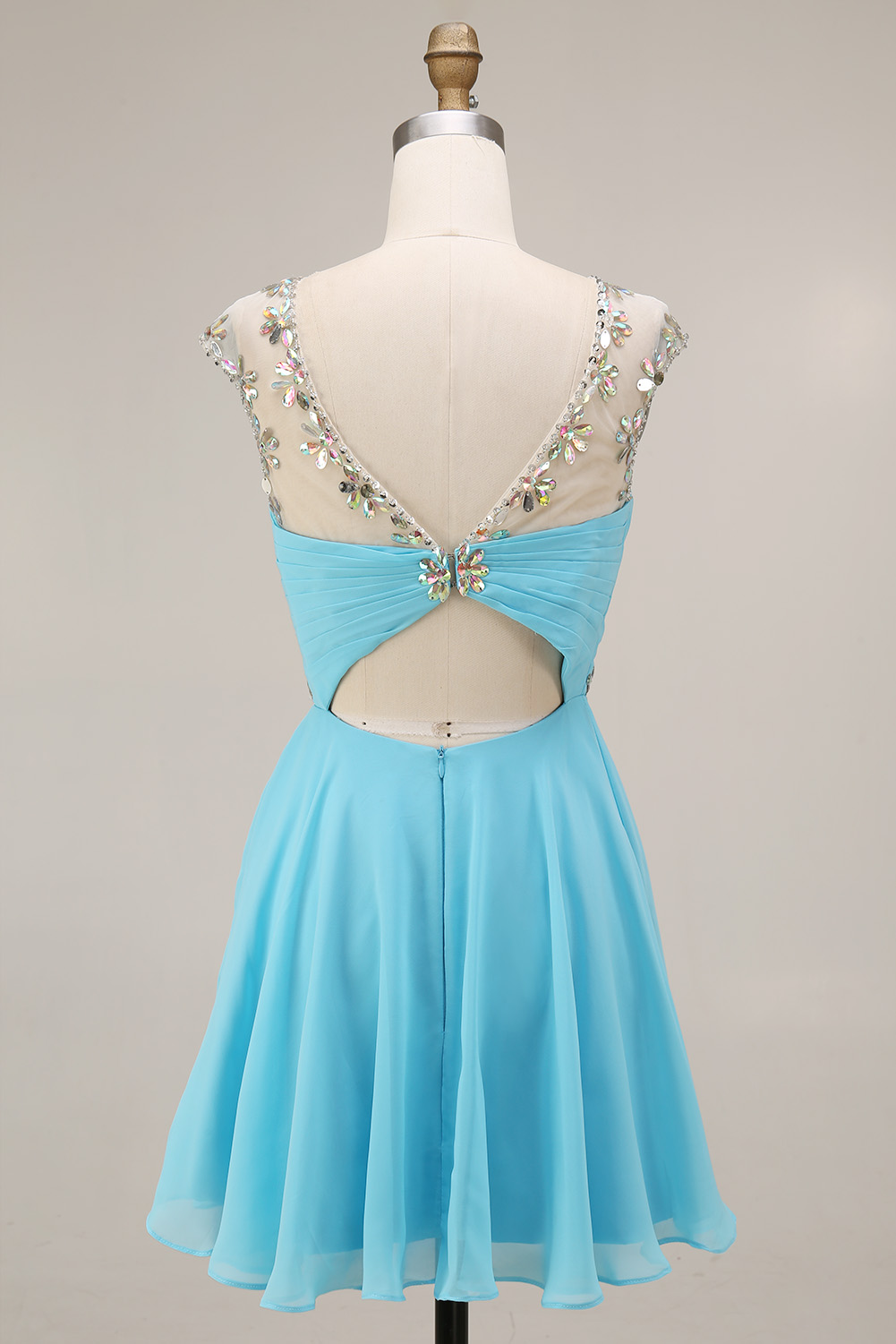 Sparkling Crystal Homecoming Dress Short - Illusion Neck Chiffon Prom Gown with Beaded Waistband