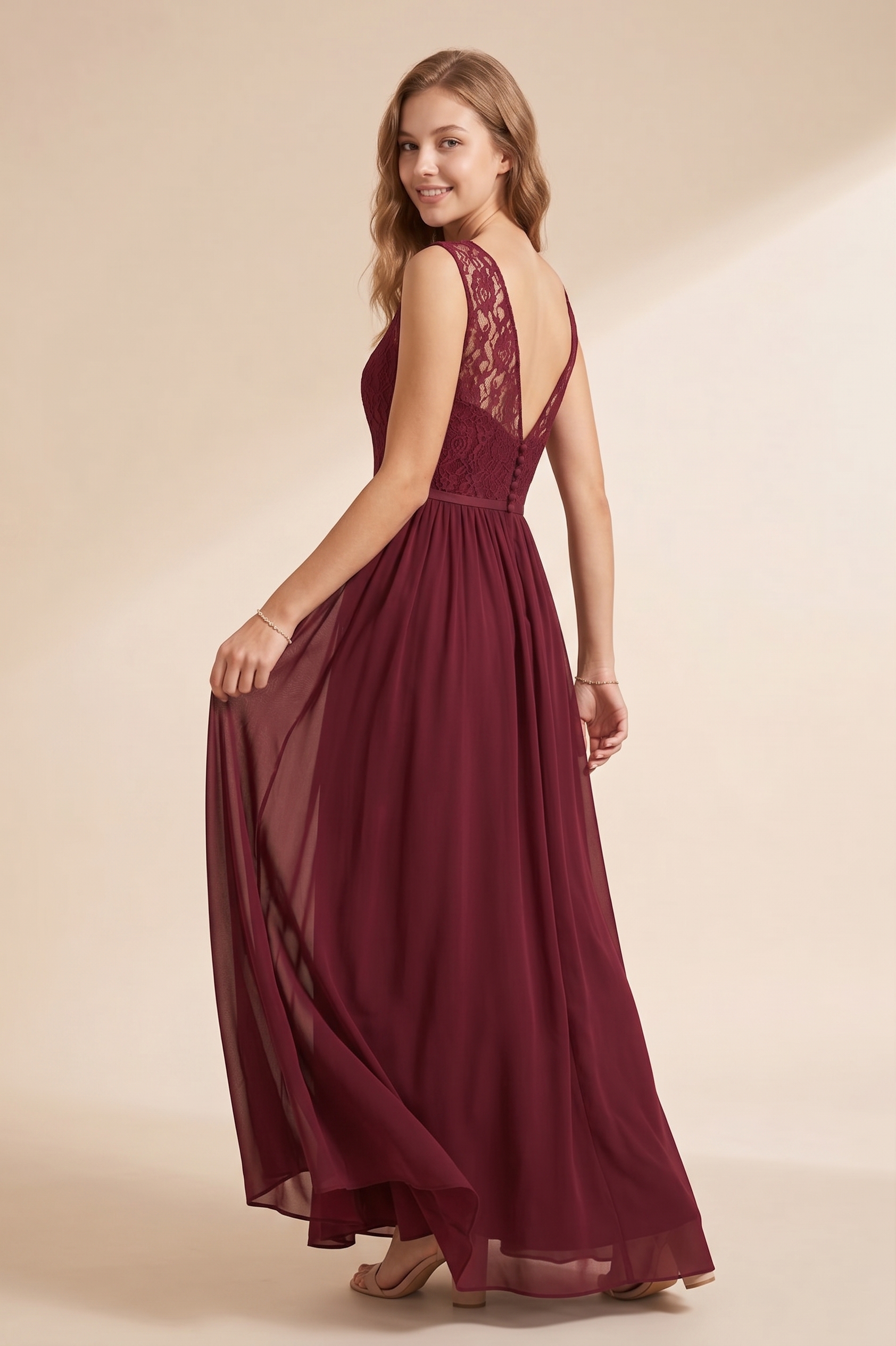 Elegant Lace Evening Dress Long - Illusion Neck Chiffon Prom Gown with Cap Sleeves