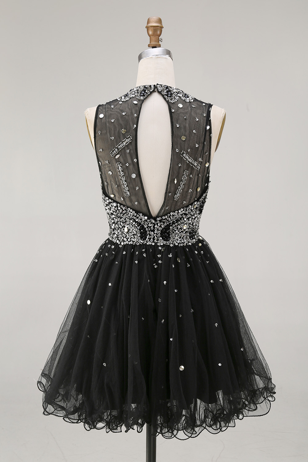 Sparkling Sequin Homecoming Dress - Illusion High Neck Short Prom Gown with Glitter Tulle Skirt