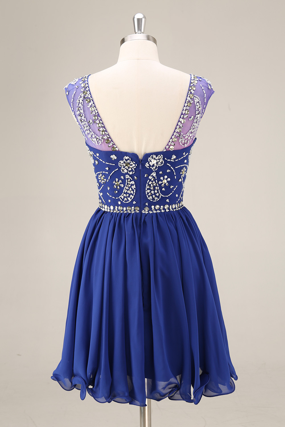 Sparkling Sequin Homecoming Dress Short - Illusion Neck Beaded Prom Gown with Chiffon Skirt