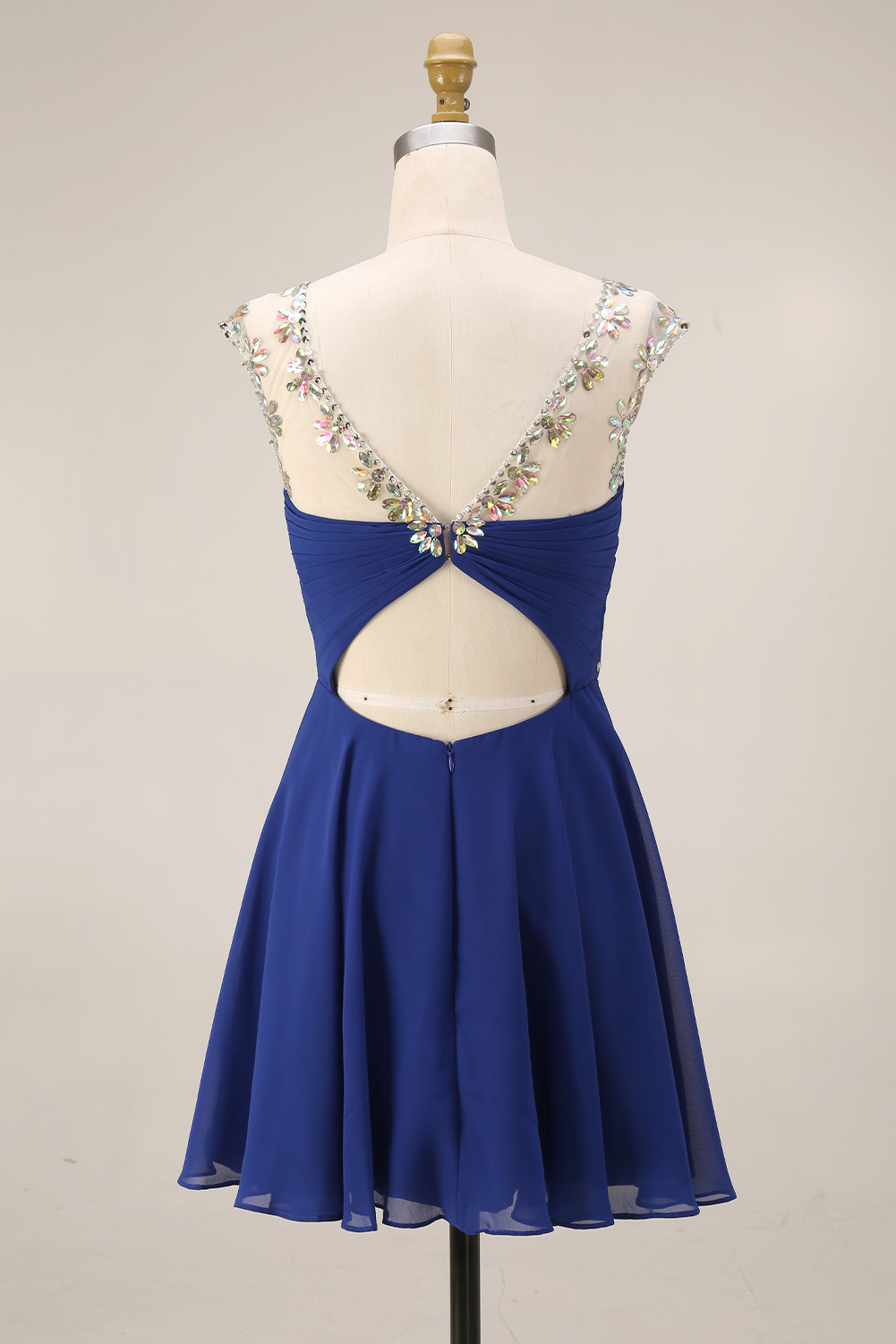 Sparkling Crystal Homecoming Dress Short - Illusion Neck Chiffon Prom Gown with Beaded Waistband
