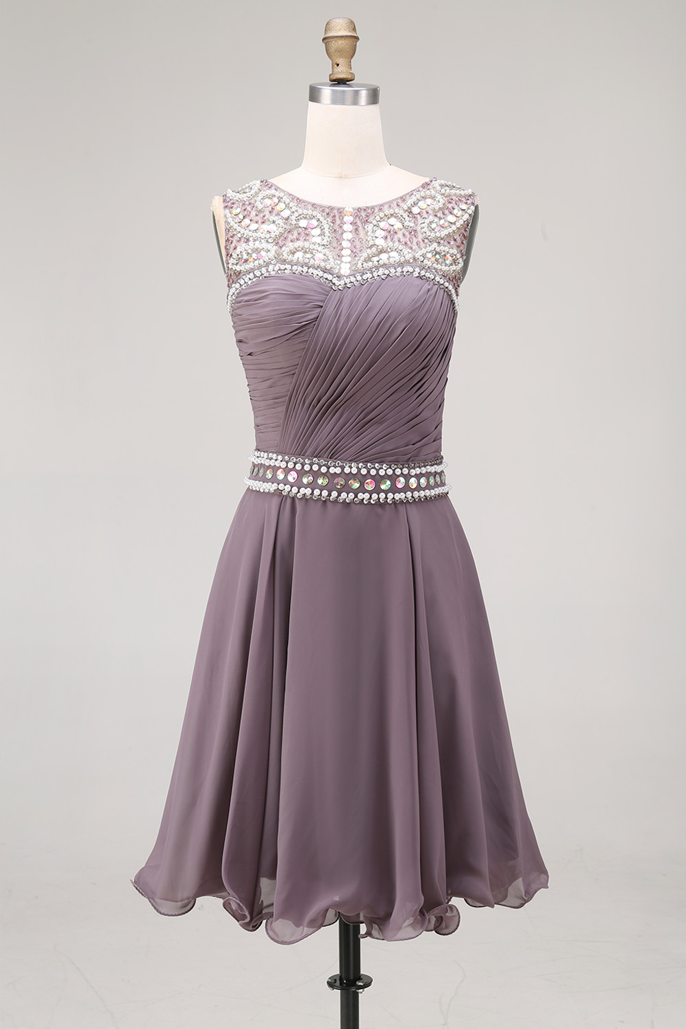 Mauve Purple Sequin Homecoming Dress Short - Illusion Neck Chiffon Prom Gown with Rhinestone Belt