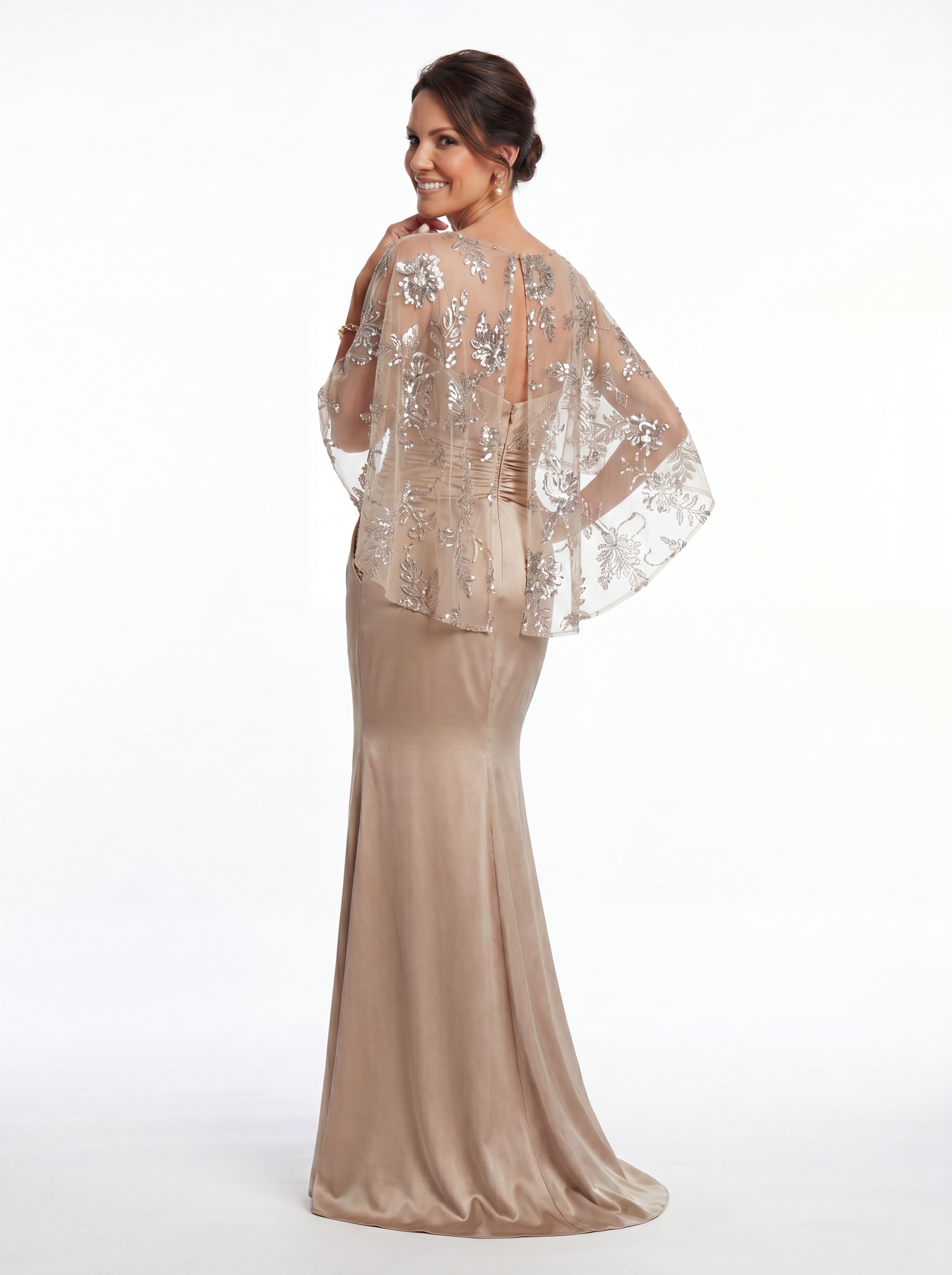 Champagne Floral Beaded Capelet Evening Gown - Ruched Satin mother of the Bride Dress with Tummy Control