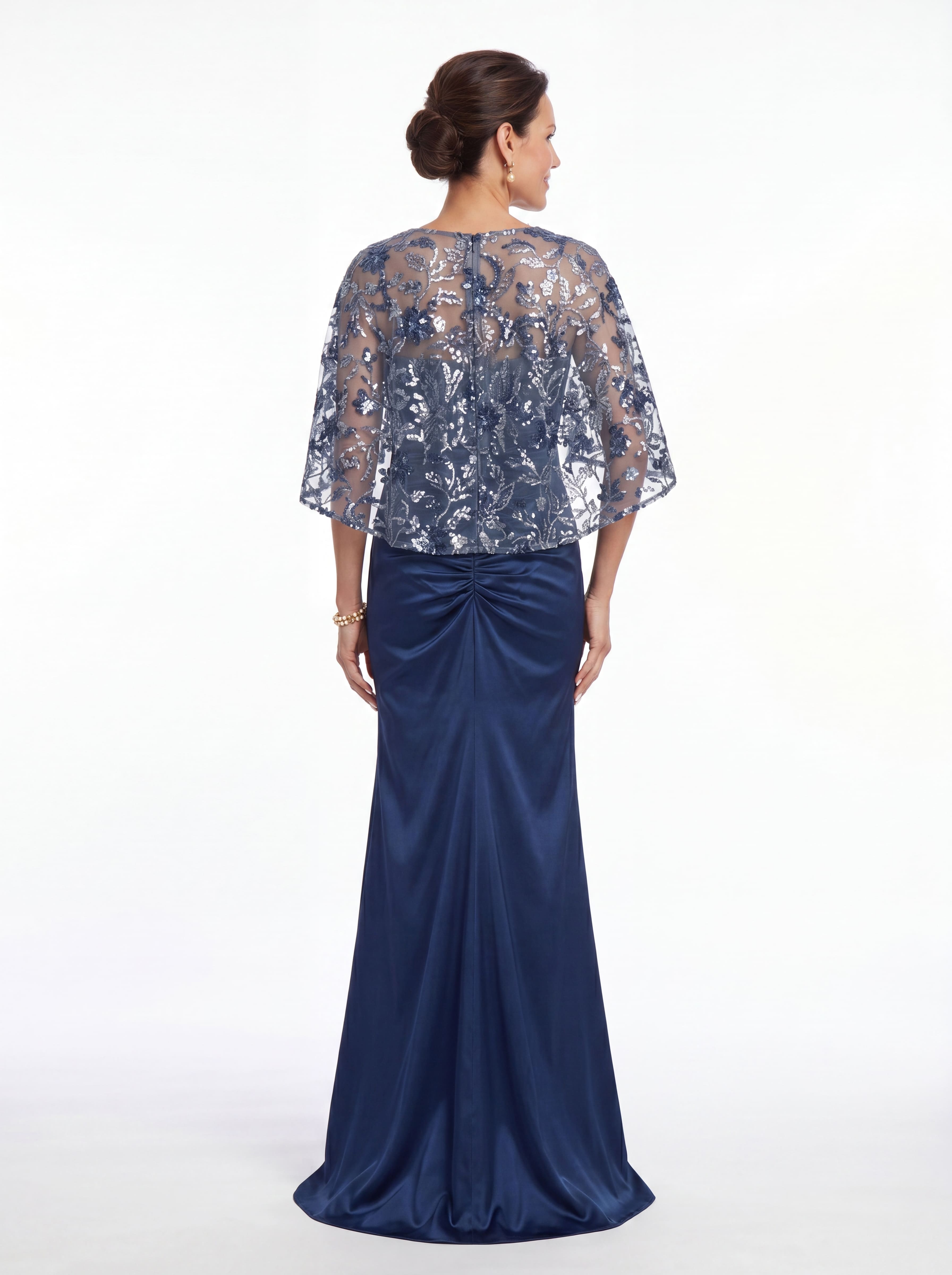 Navy Blue Sequin Capelet Evening Gown - Ruched Satin Mermaid Grandmother of the Bride Dress
