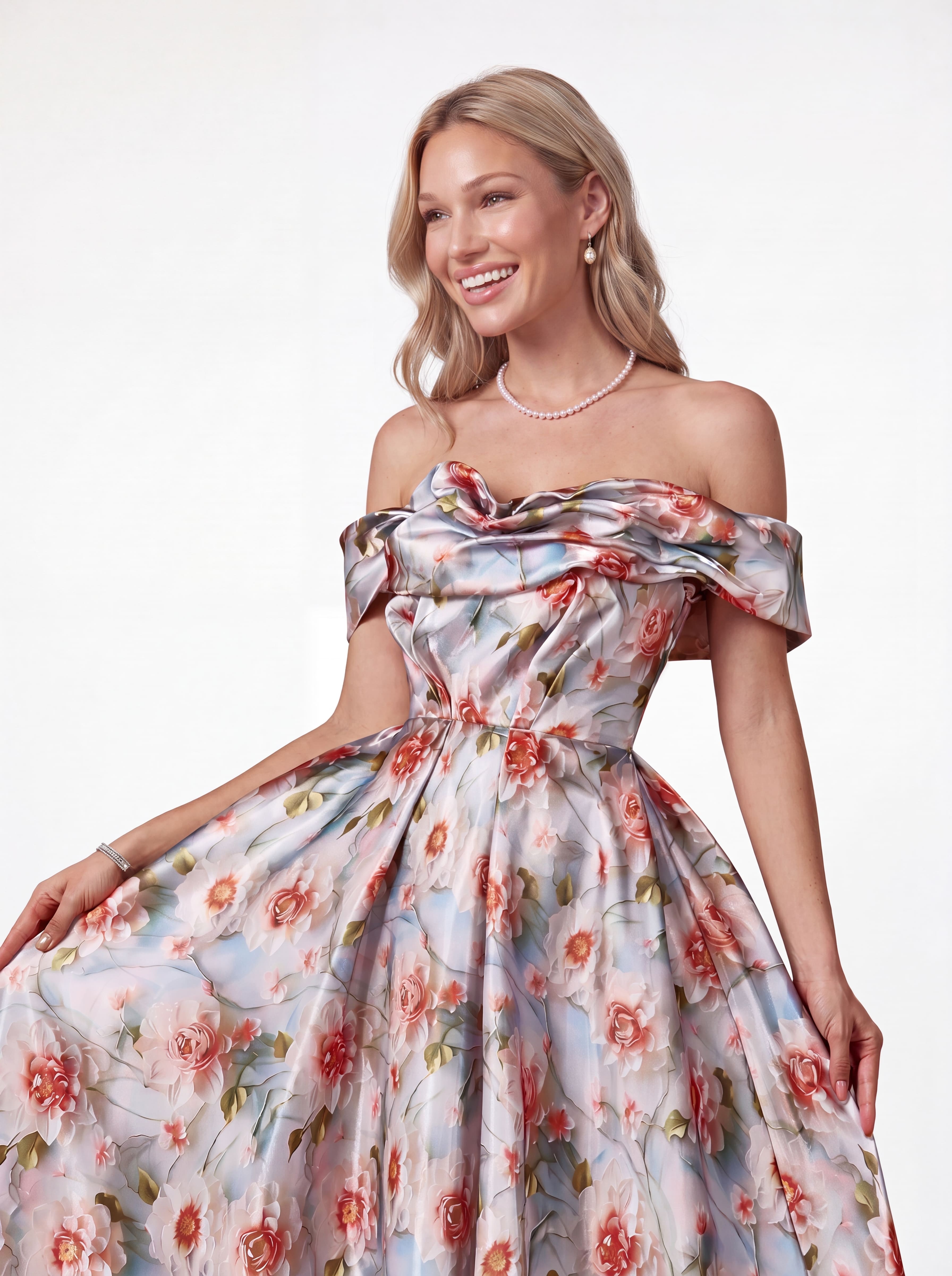 Vintage Floral Off-The-Shoulder Evening Gown - Pleated A-Line Prom Dress & Spring Wedding Guest Maxi
