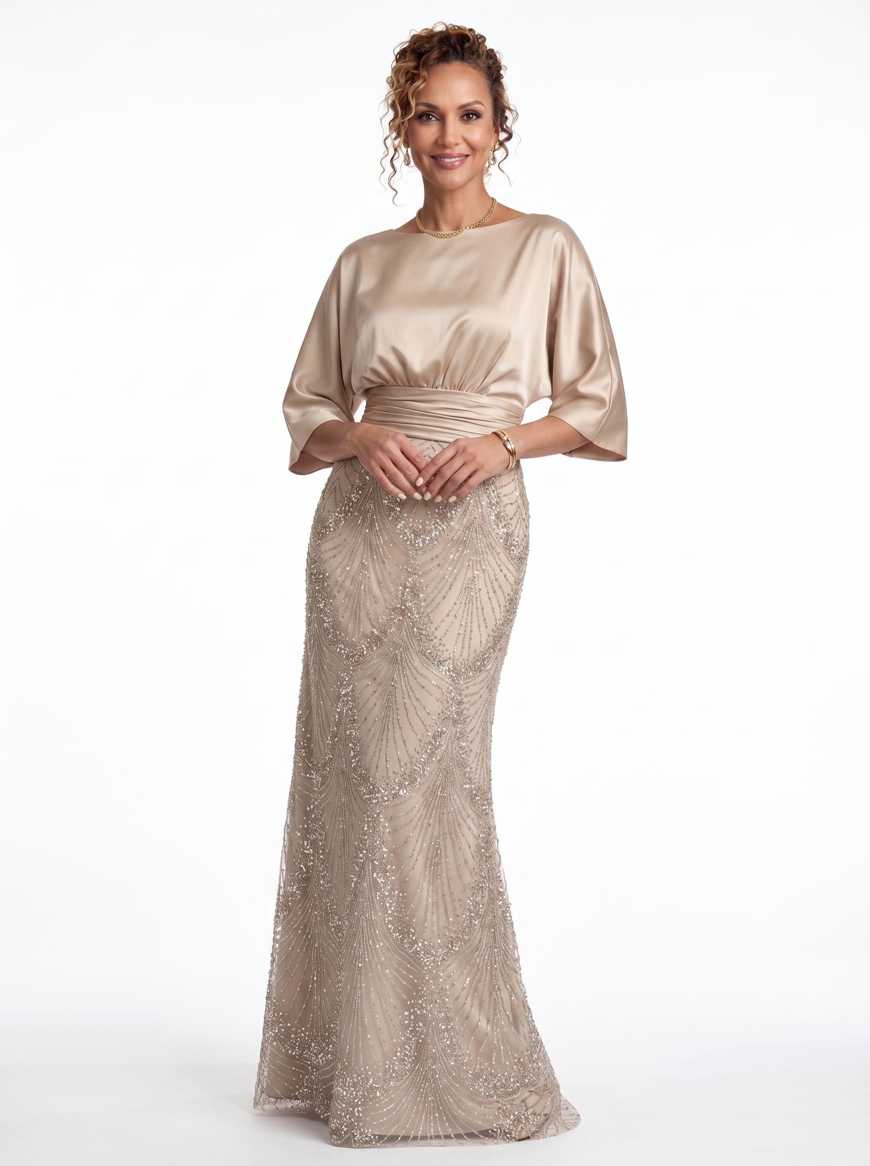 Champagne Art Deco Beaded A-Line Gown - Satin Batwing mother of the Bride Dress with Ruched Waist