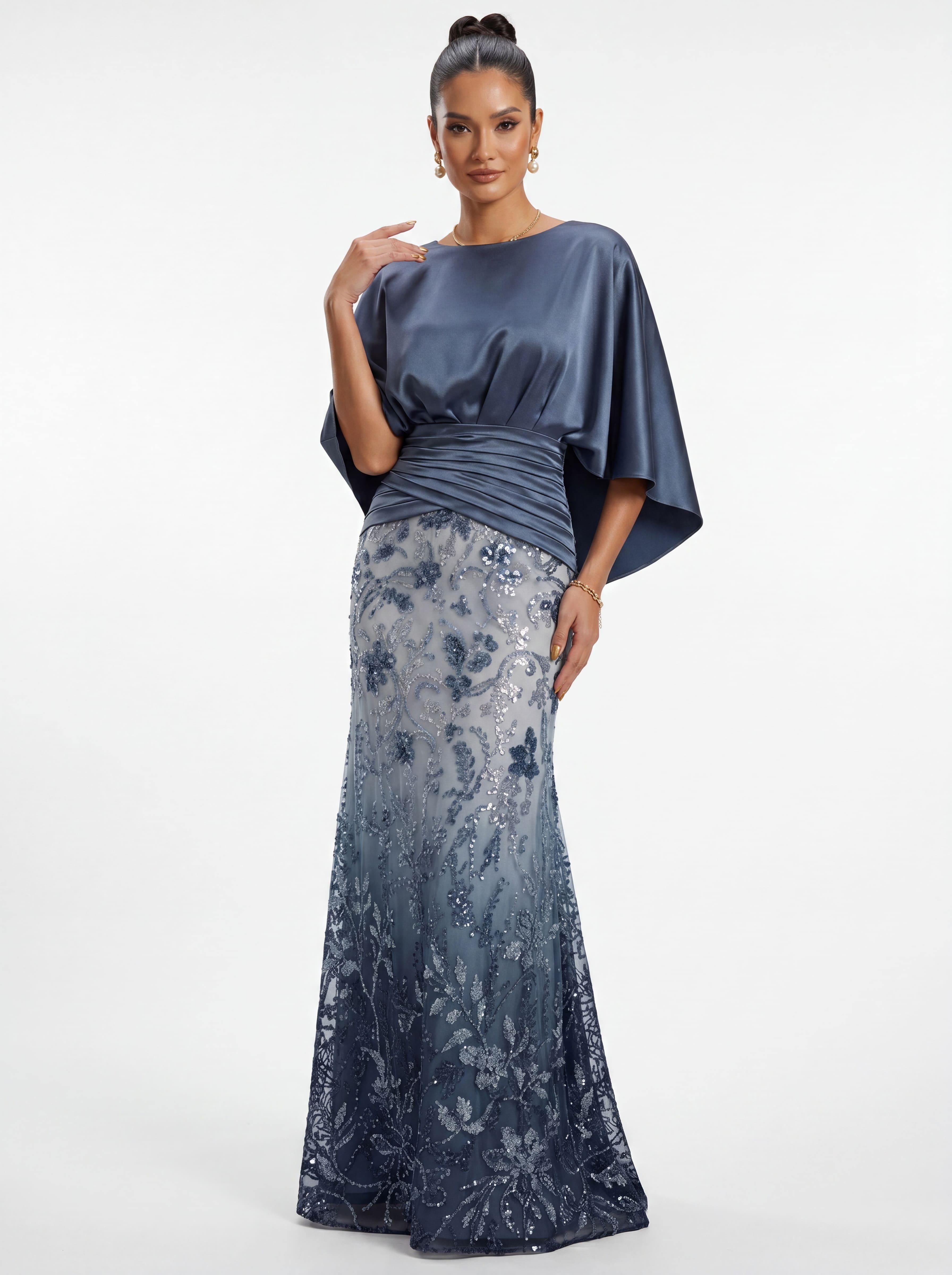 Navy Ombré Floral Sequin Evening Gown - Satin Batwing Grandmother of the Bride Dress with Ruched Waist