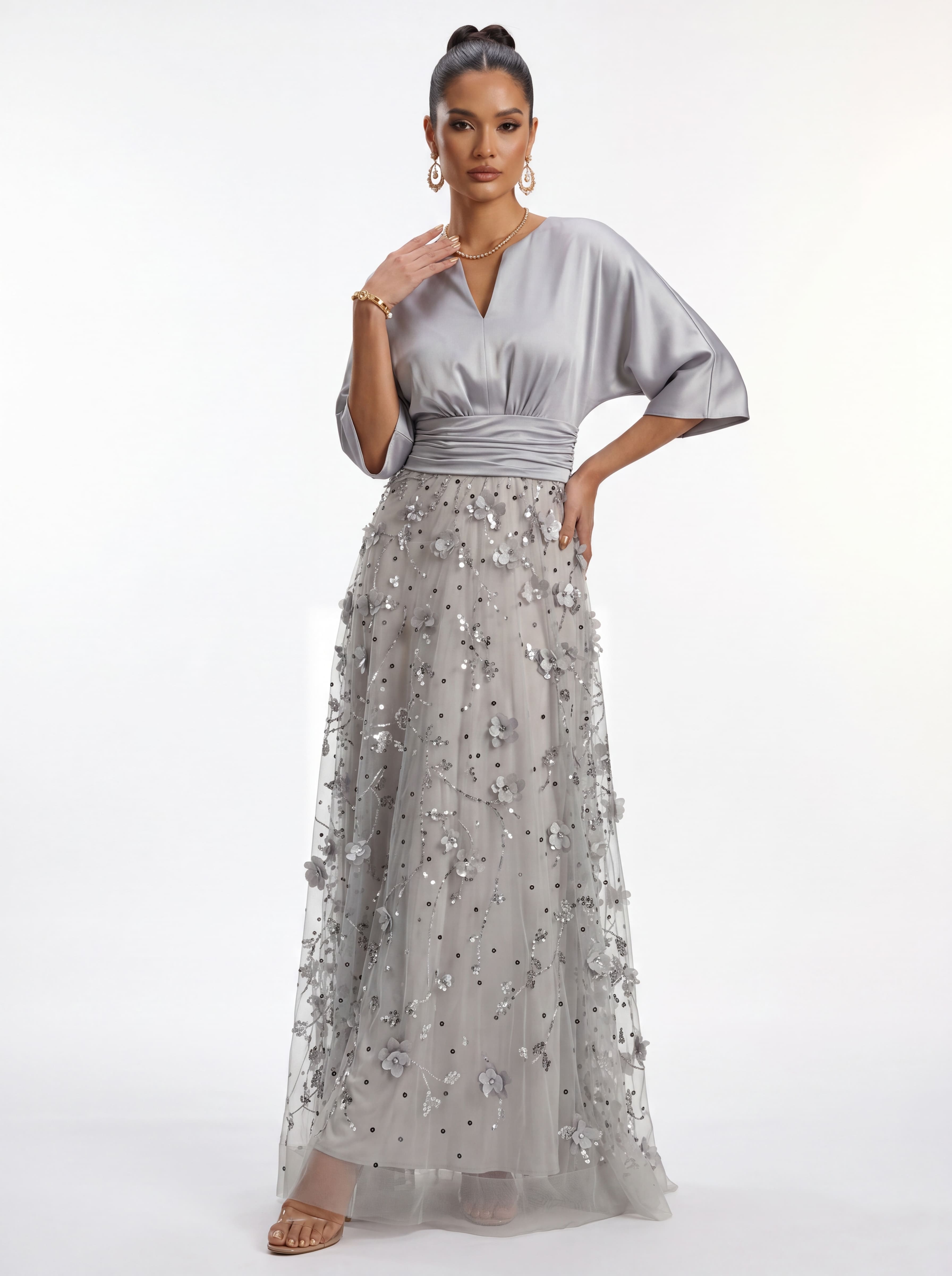 Silver 3D Floral Sequin A-Line Evening Gown - Satin Batwing Sleeve Grandmother of the Bride Dress with Ruched Waist
