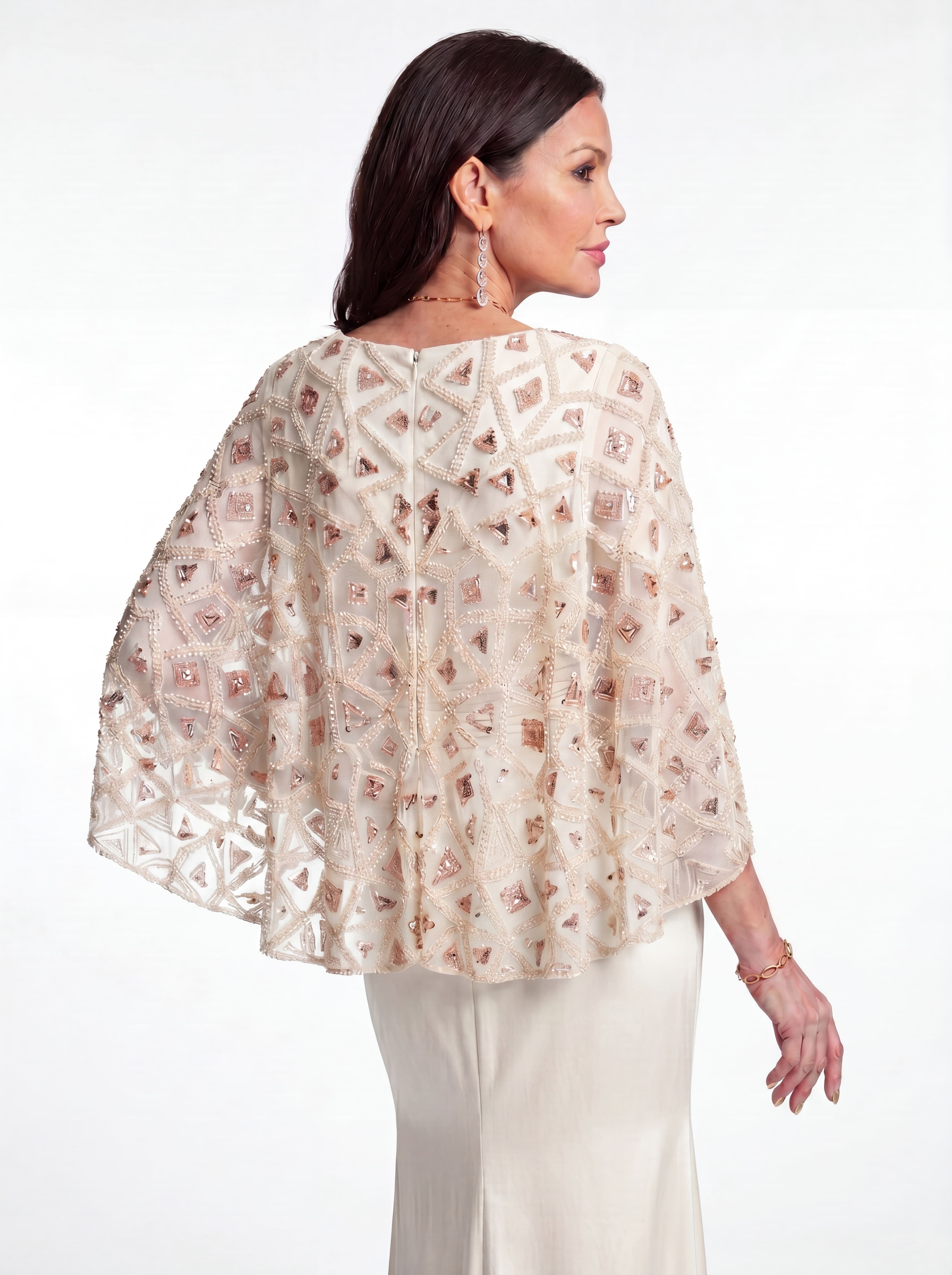 Ivory Beaded Capelet Evening Gown - Ruched Satin Soft Mermaid Grandmother of the Bride Dress