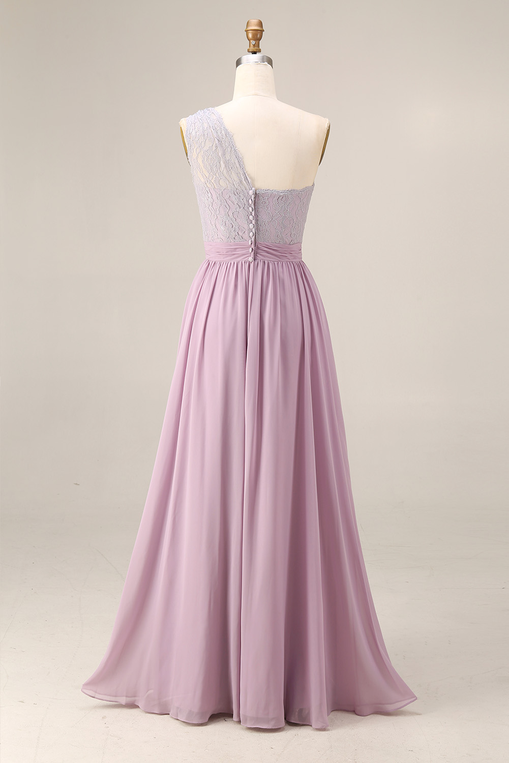 Lavender One Shoulder Bridesmaid Dress Long - Lace Chiffon Evening Gown with Waist Sash