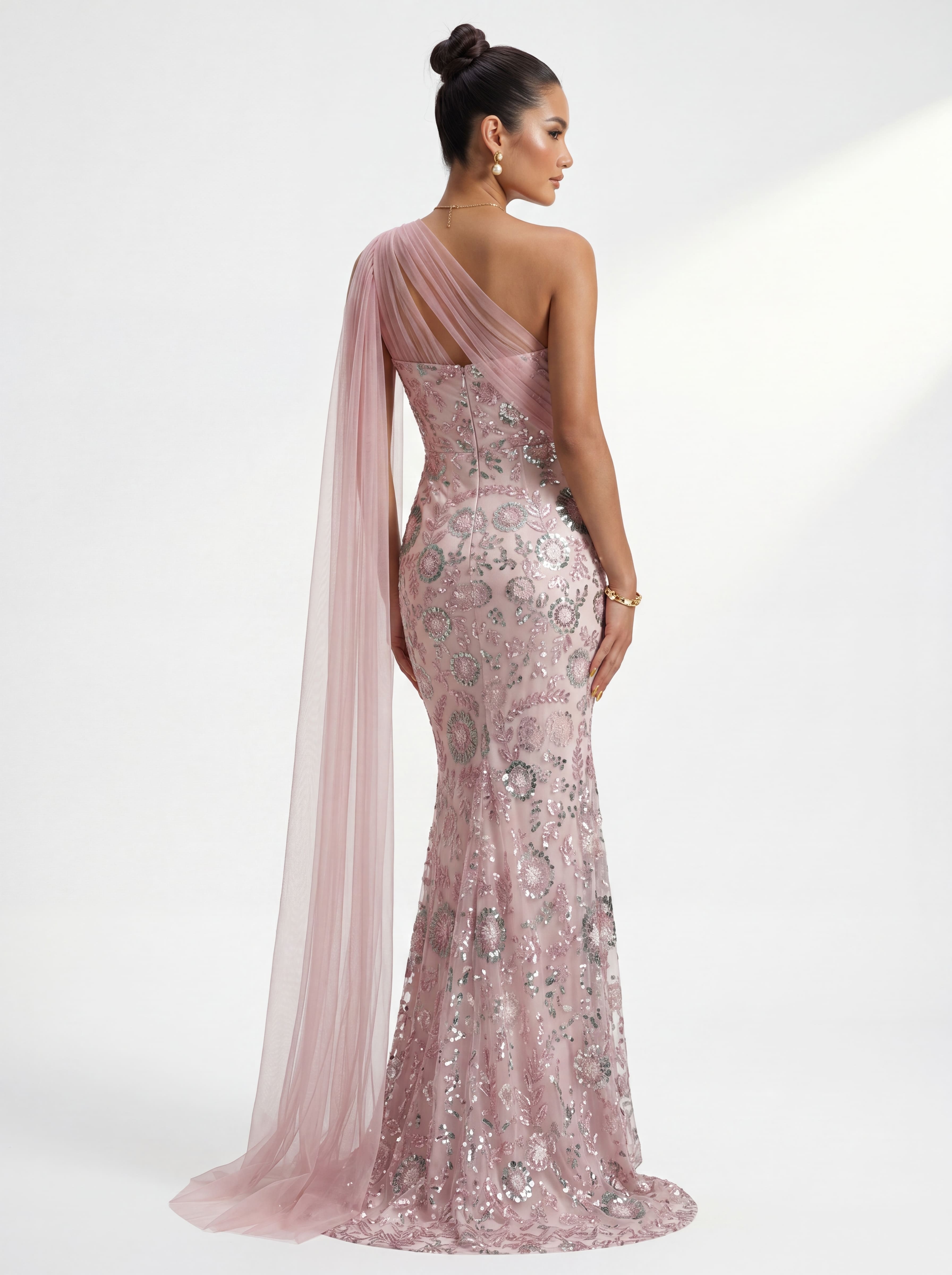 Blush Pink Beaded Mermaid Evening Gown - One-Shoulder Mother of the Bride Dress with Tulle Side Cape