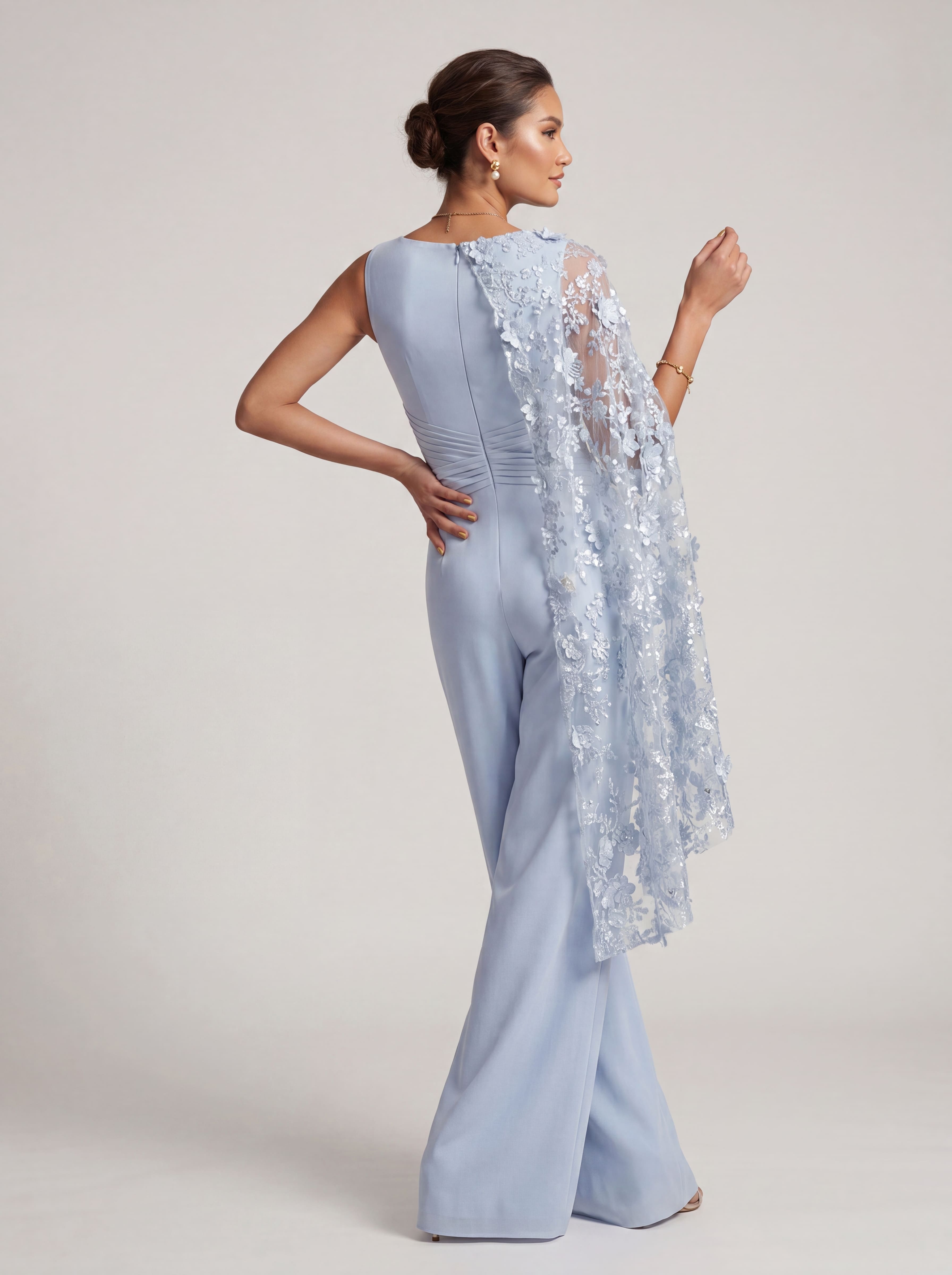 Sky Blue Floral Cape Formal Pantsuit - Boat Neck Wide Leg Mother of the Bride Jumpsuit with Ruched Waist & Pockets