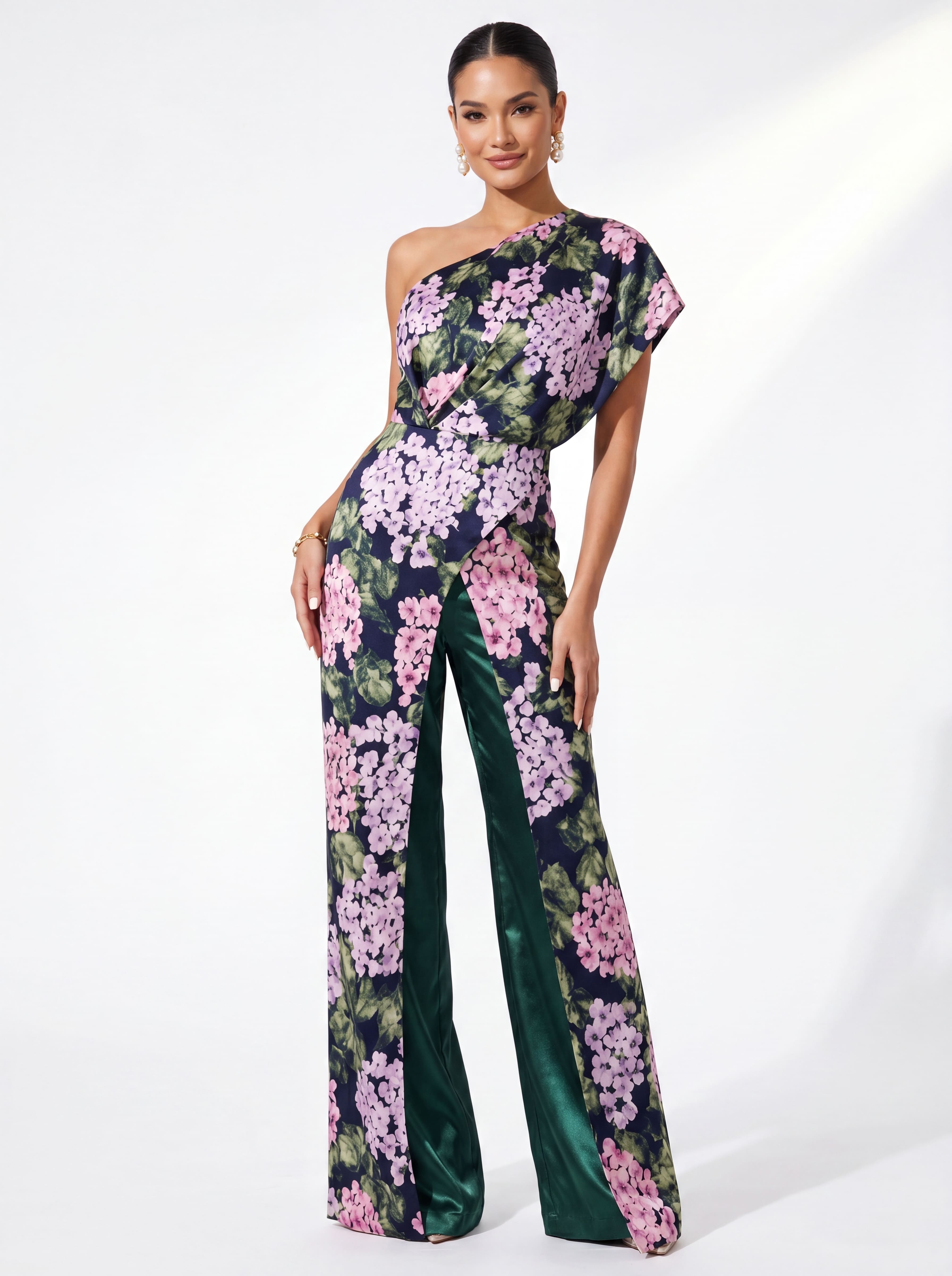 Emerald Green Floral One-Shoulder Formal Pantsuit - Mother of the Bride Jumpsuit with Overskirt & Pockets