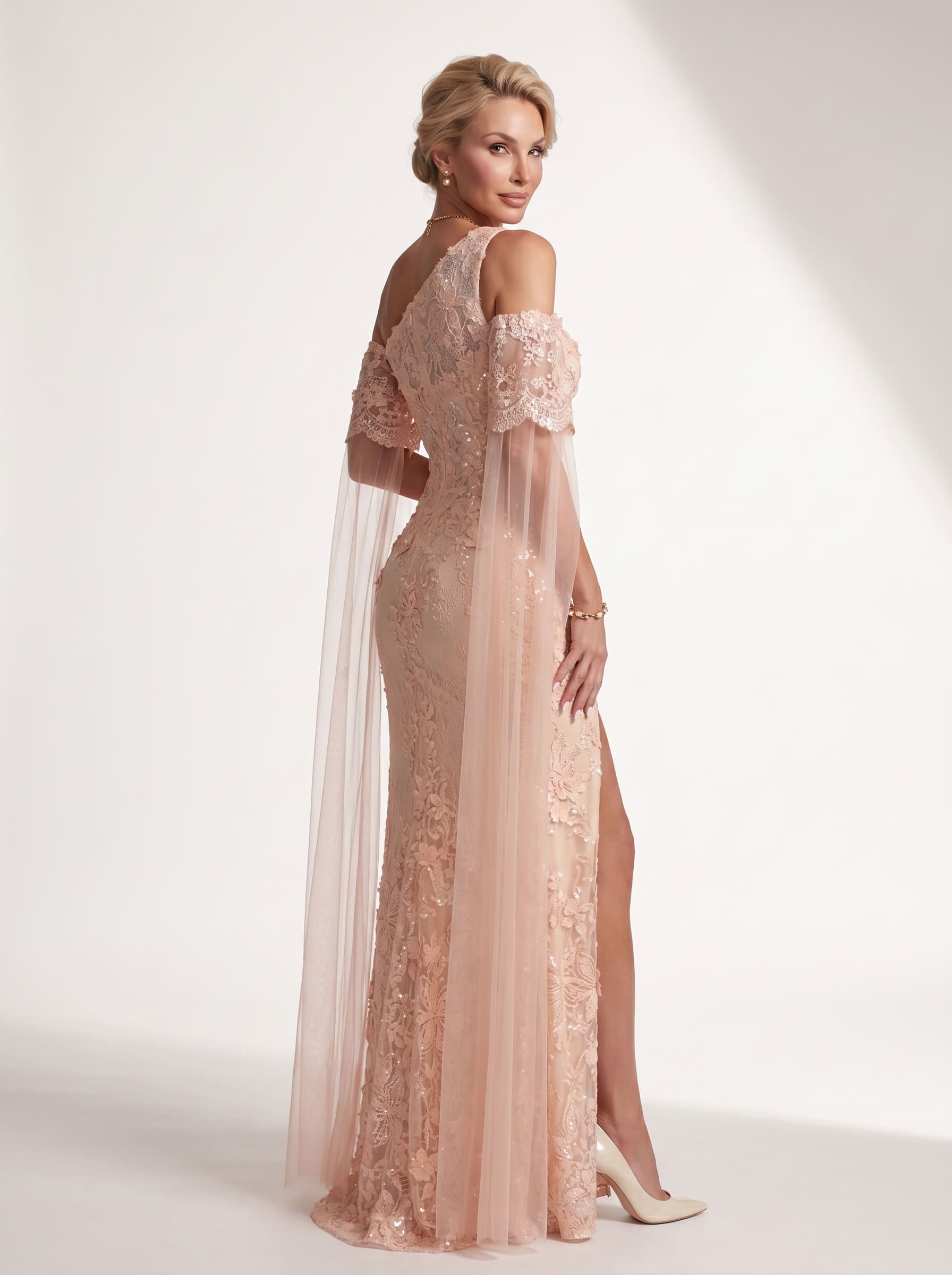 Peach 3D Floral Beaded Mermaid Evening Gown - Asymmetrical Cold-Shoulder Mother of the Bride Dress with Cape Sleeves