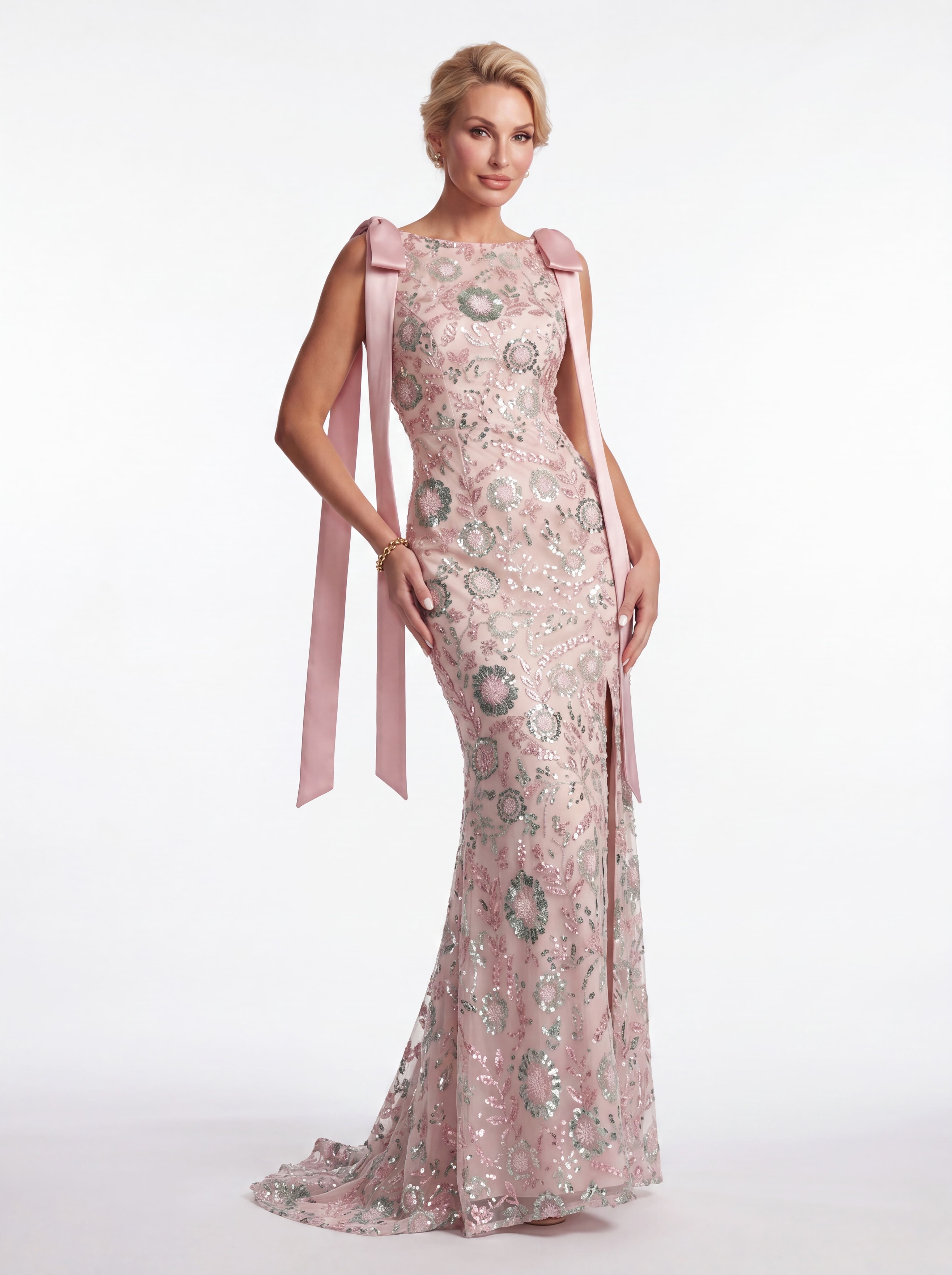 Blush Pink Beaded Floral Mermaid Evening Gown - Boat Neck Mother of the Bride Dress with Satin Shoulder Bows