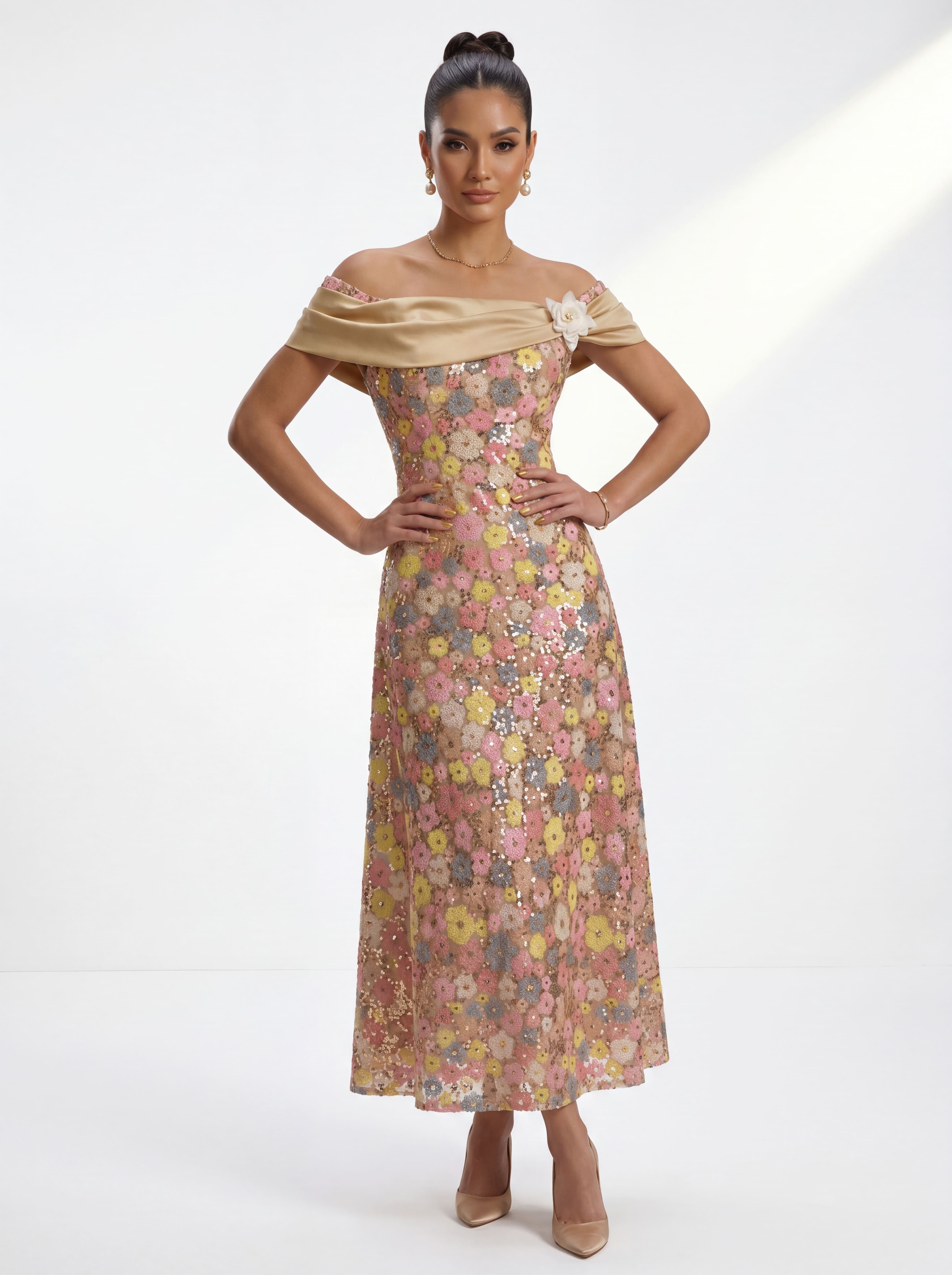 Champagne Pastel Floral Sequin A-Line Evening Gown - Off-The-Shoulder Satin Mother of the Bride Dress with Pockets