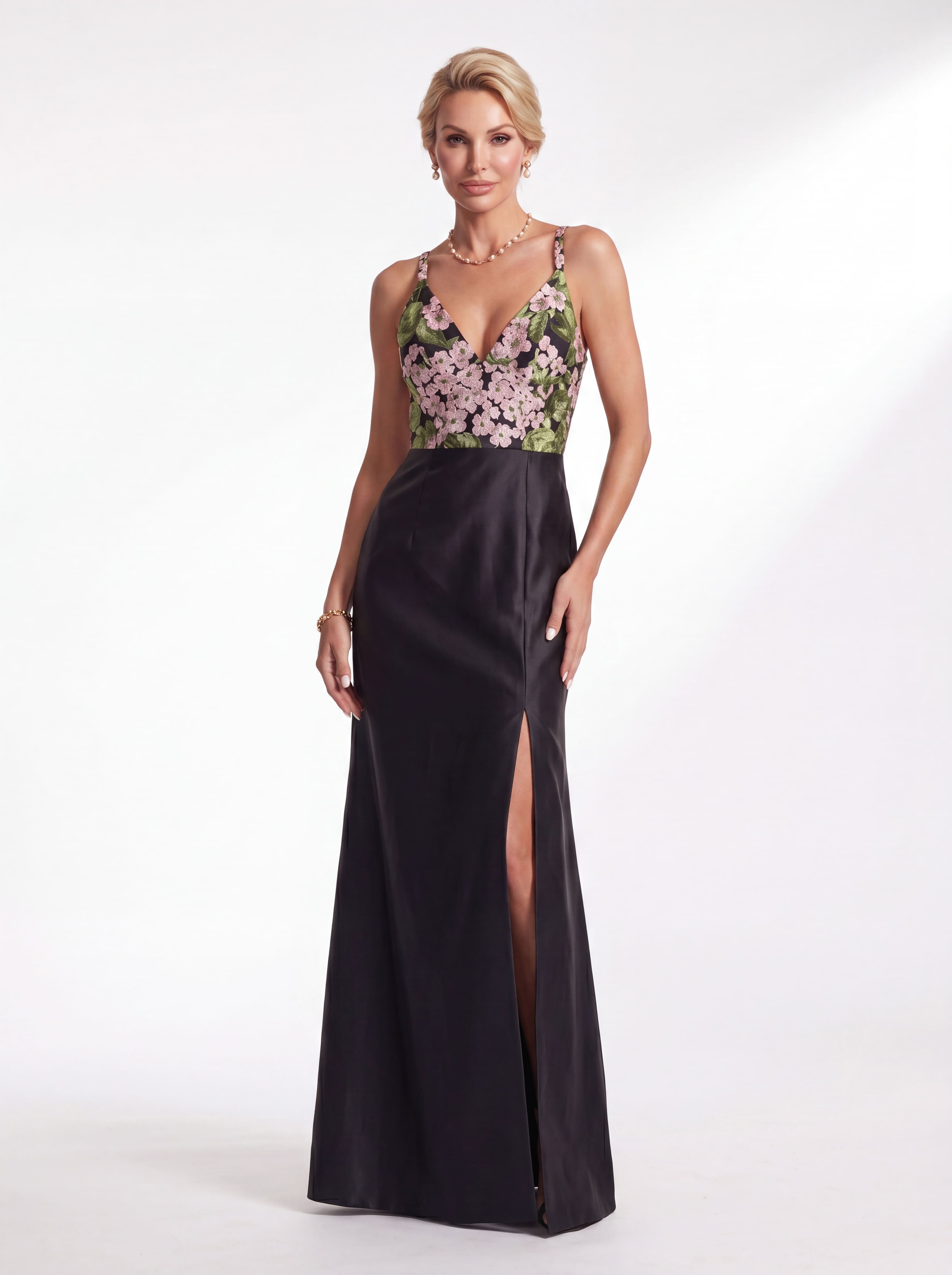 Black Floral Embroidered V-Neck Evening Gown - Structured Satin A-Line Mother of the Bride Dress with Slit