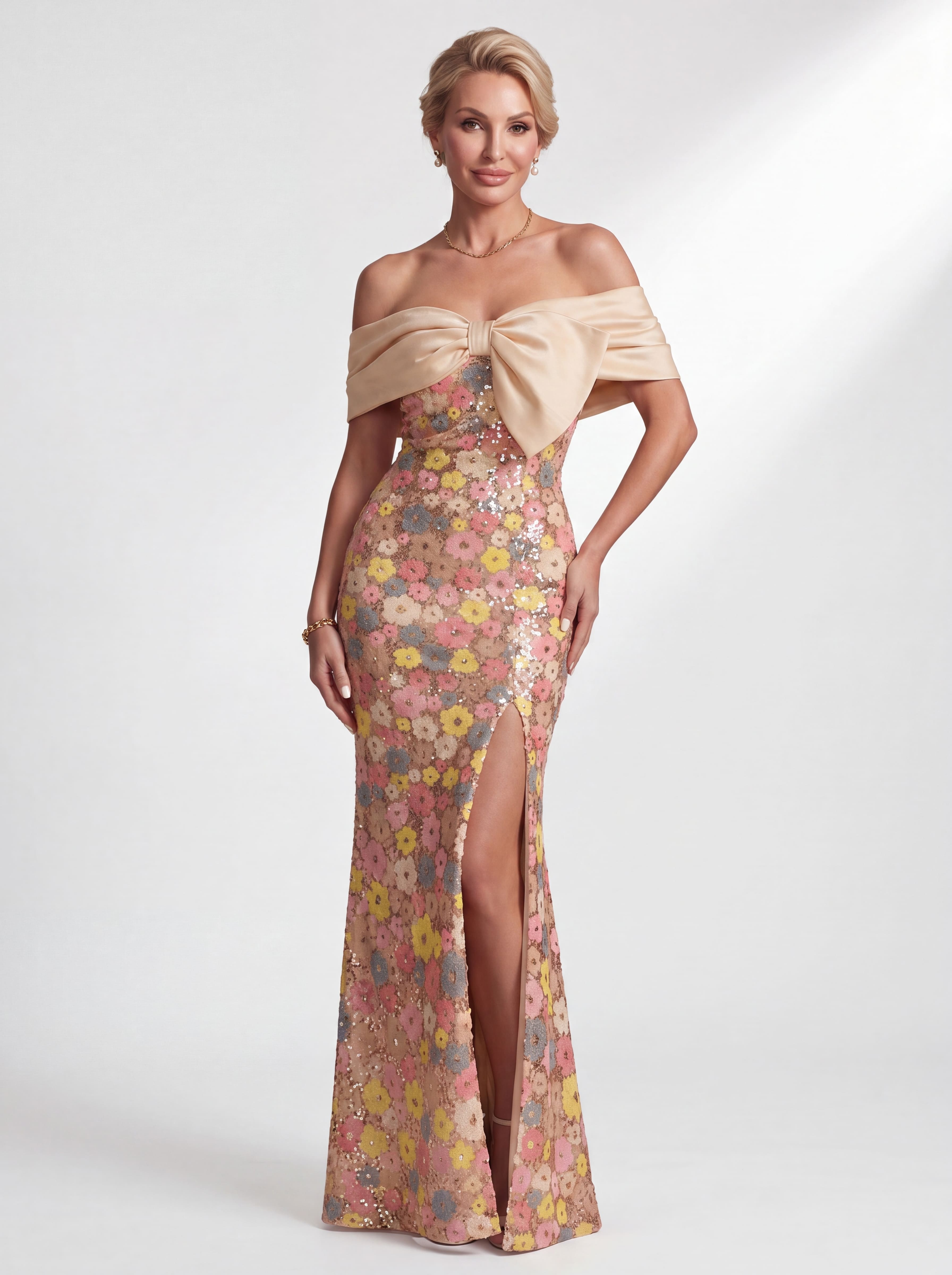 Champagne Pastel Floral Sequin Mermaid Evening Gown - Off-The-Shoulder Satin Bow Prom & Mother of the Bride Dress