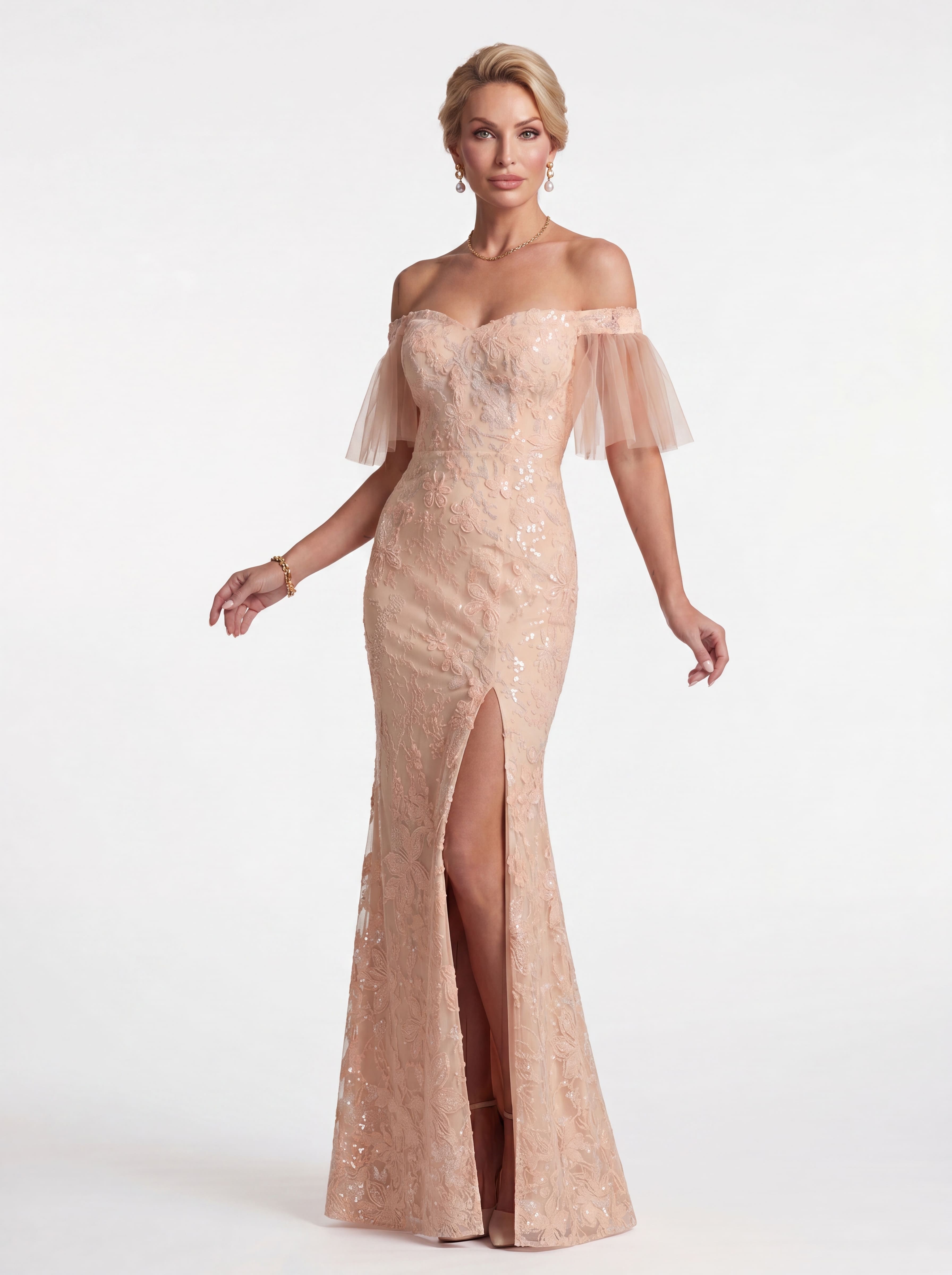 Sparkly Peach Floral Lace Mermaid Evening Gown - Off-The-Shoulder Flutter Sleeve Prom & Mother of the Bride Dress