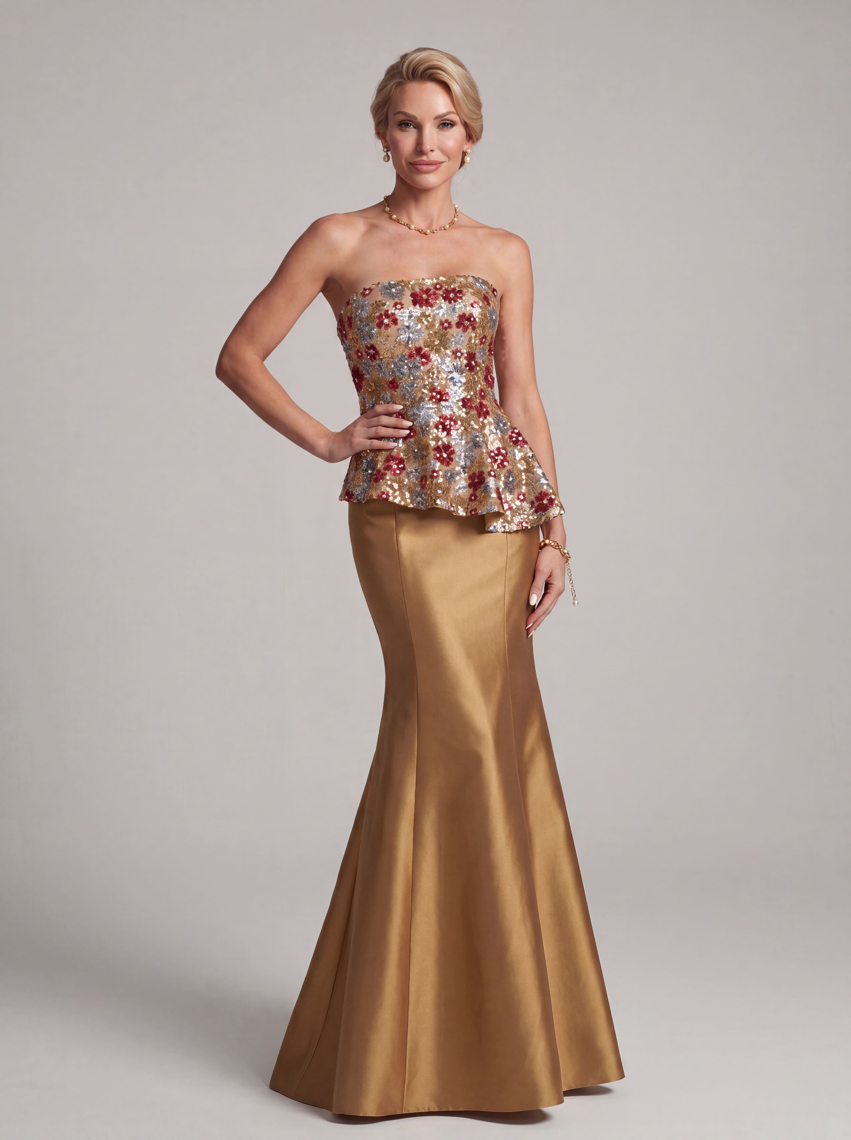 Gold Floral Sequin Peplum Evening Gown - Strapless Satin Mermaid Mother of the Bride Dress