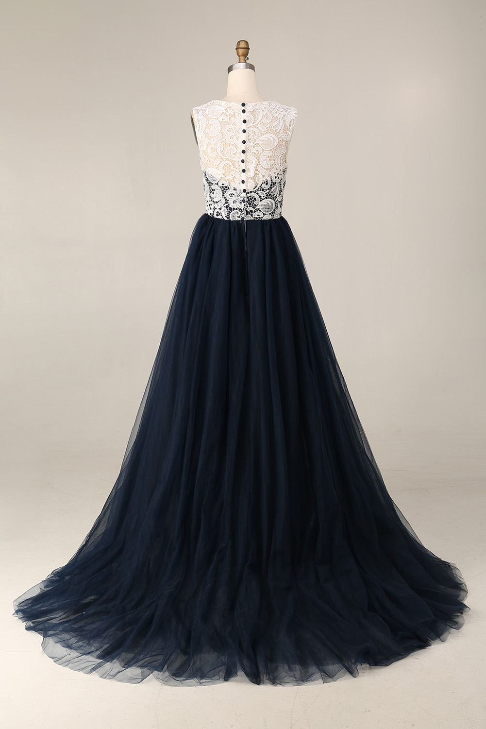 Navy Blue and White Lace Evening Dress Long - Illusion Neck Tulle Prom Ball Gown with Cap Sleeves