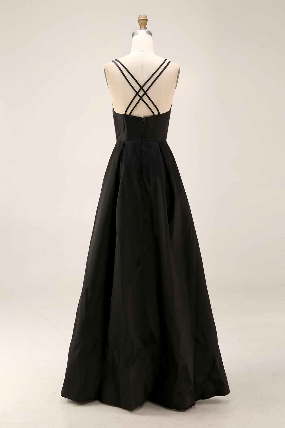 Classic Black Satin Prom Formal Gown - Double Spaghetti Strap V-Neck A-Line Evening Dress with Pockets