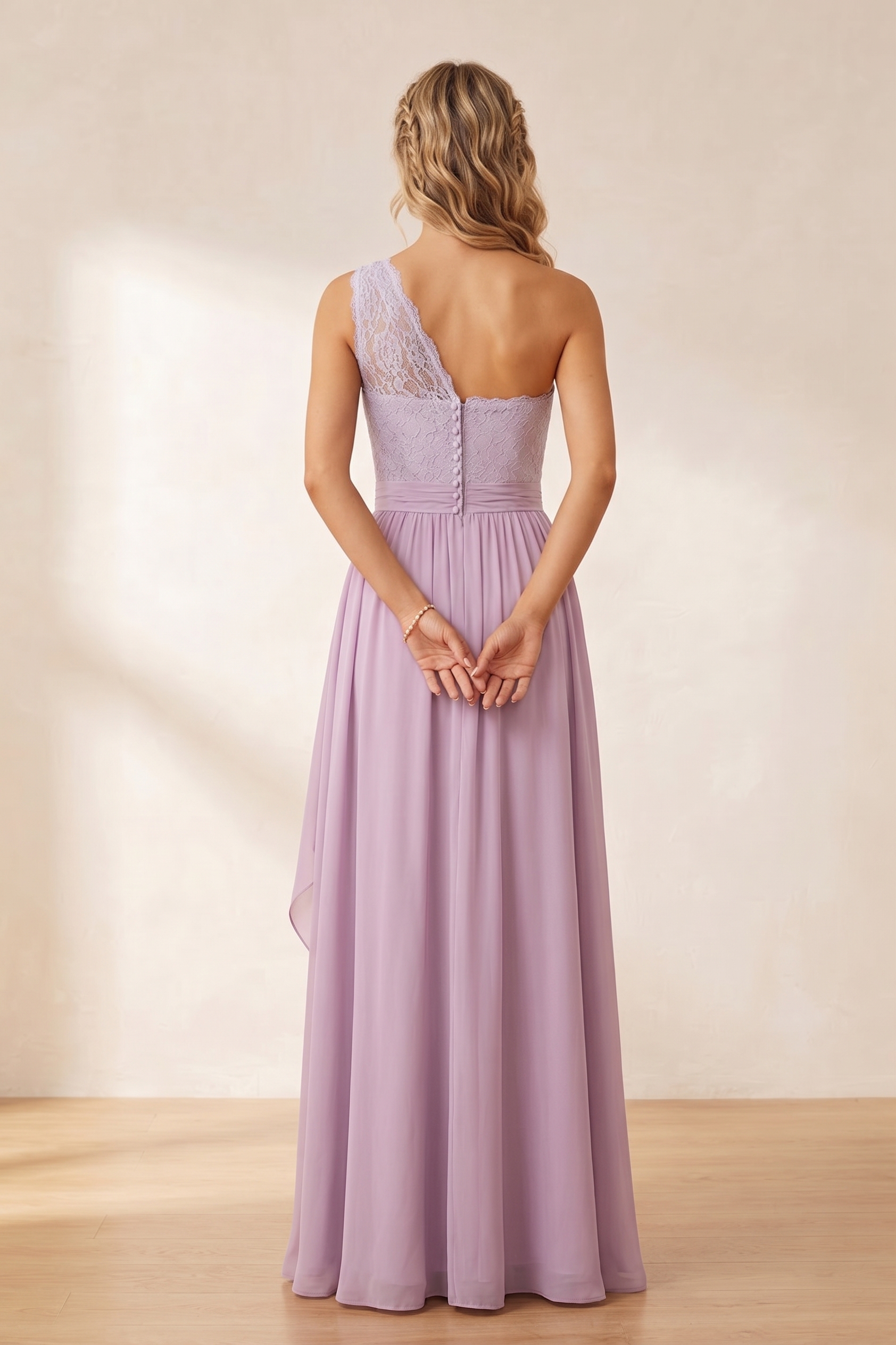 Lavender One Shoulder Bridesmaid Dress Long - Lace Chiffon Evening Gown with Waist Sash