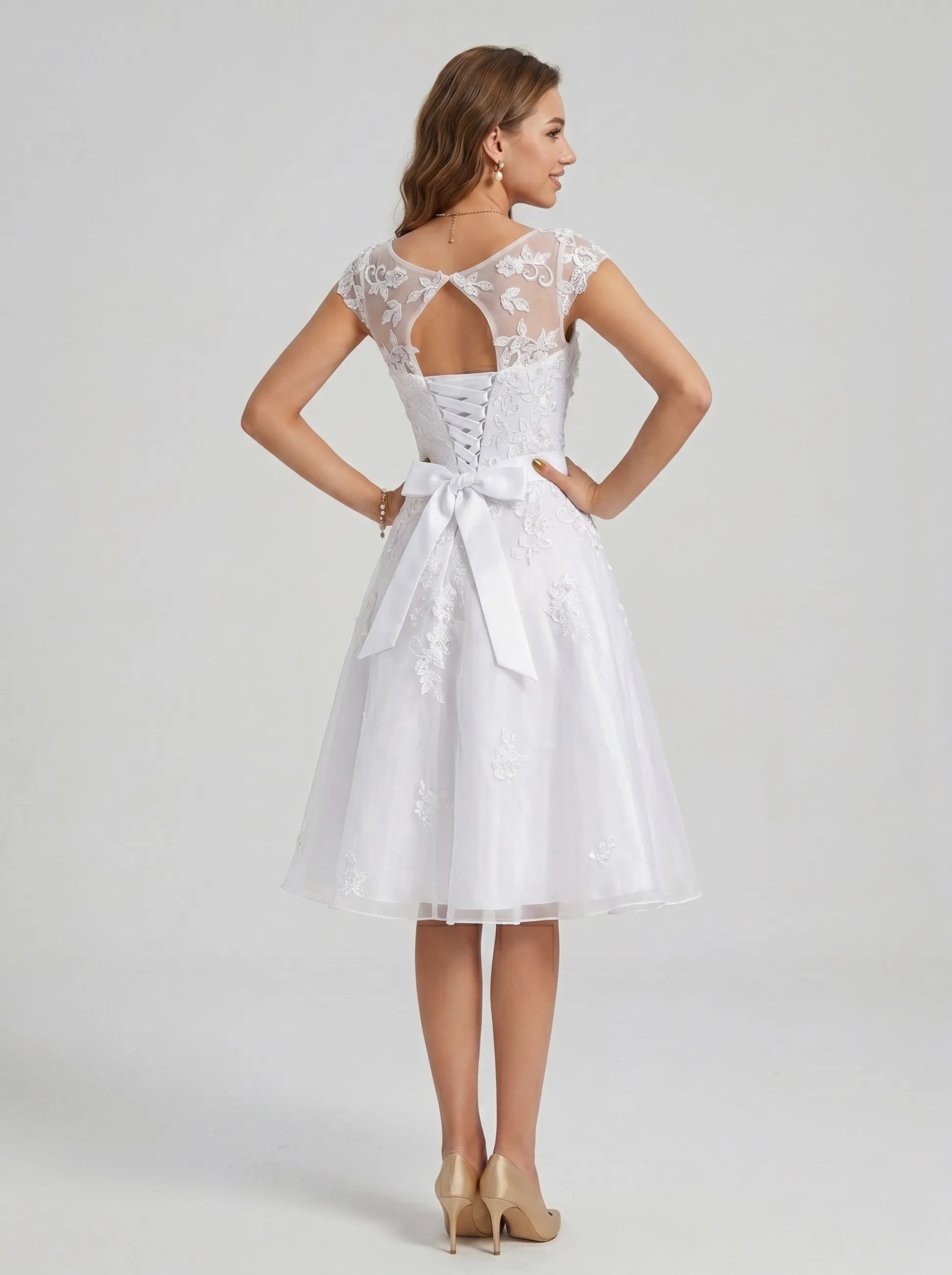 Elegant Floral Lace Applique Tulle Mini Dress | Illusion Neckline Cap Sleeve A-Line Short Party Gown