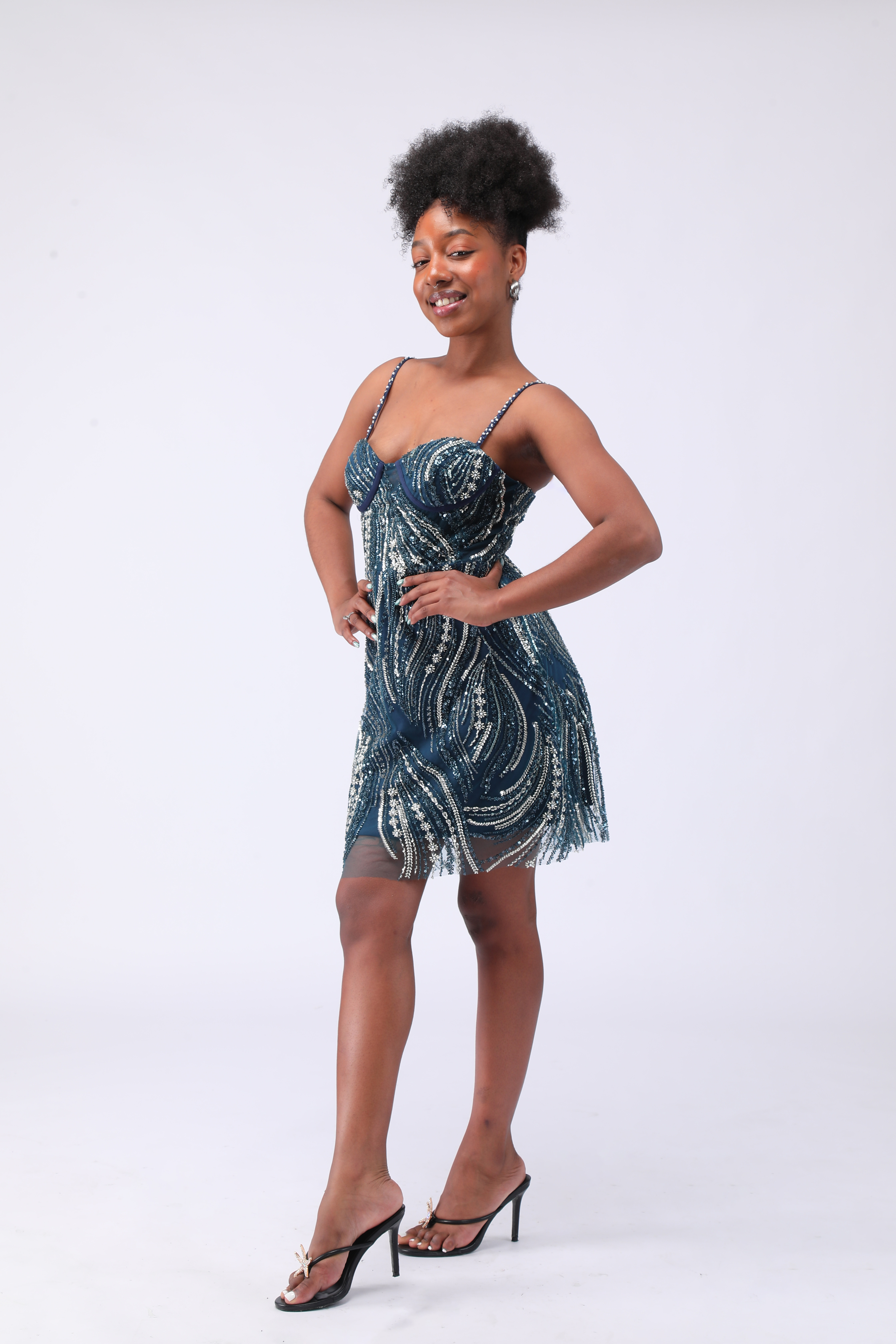 Sparkly Navy Spaghetti Straps Beaded Pearl Short Homecoming Dress with Sequins