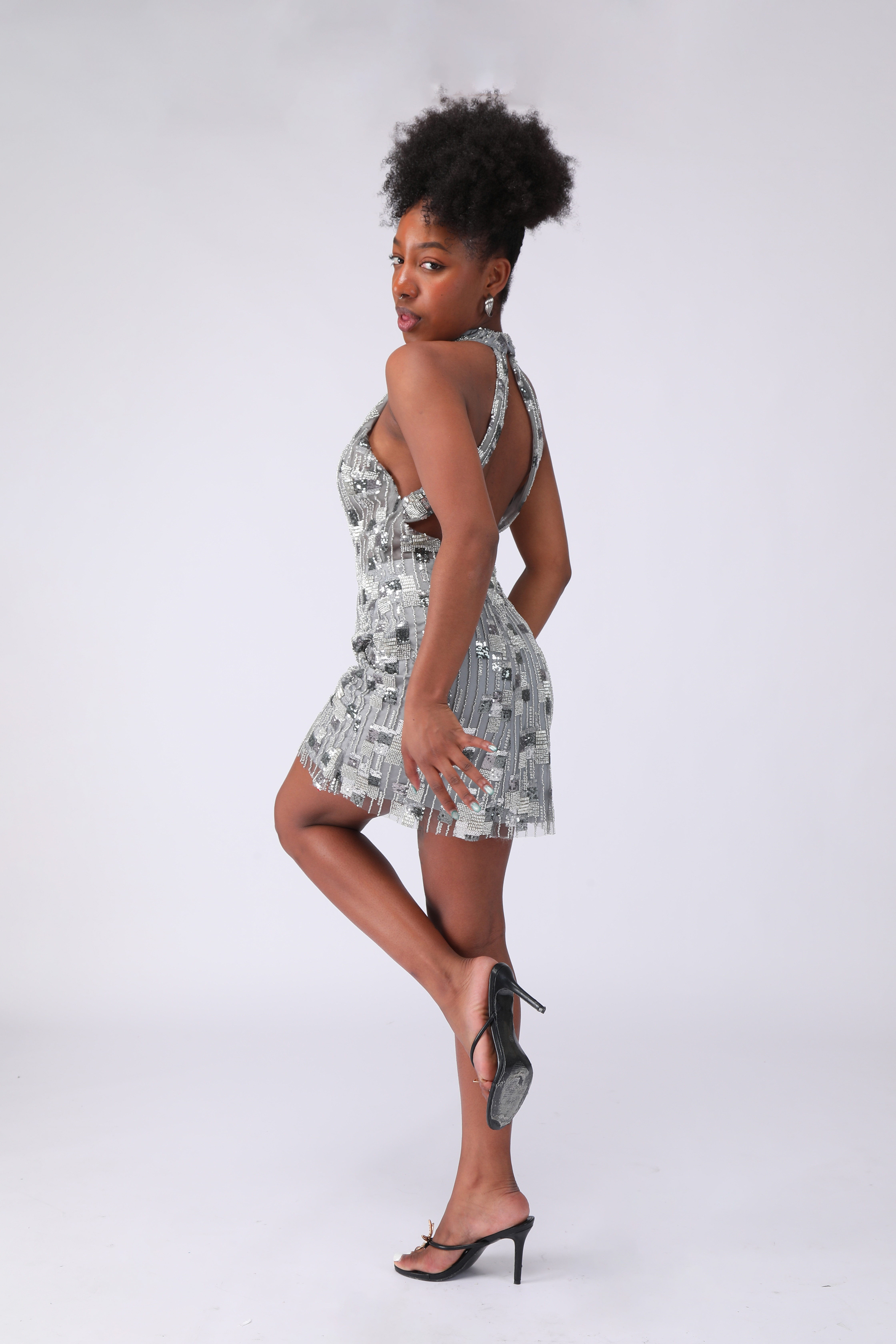 Open Back High Neck Sparkly Silver Beaded Tight Short Cocktail Dress