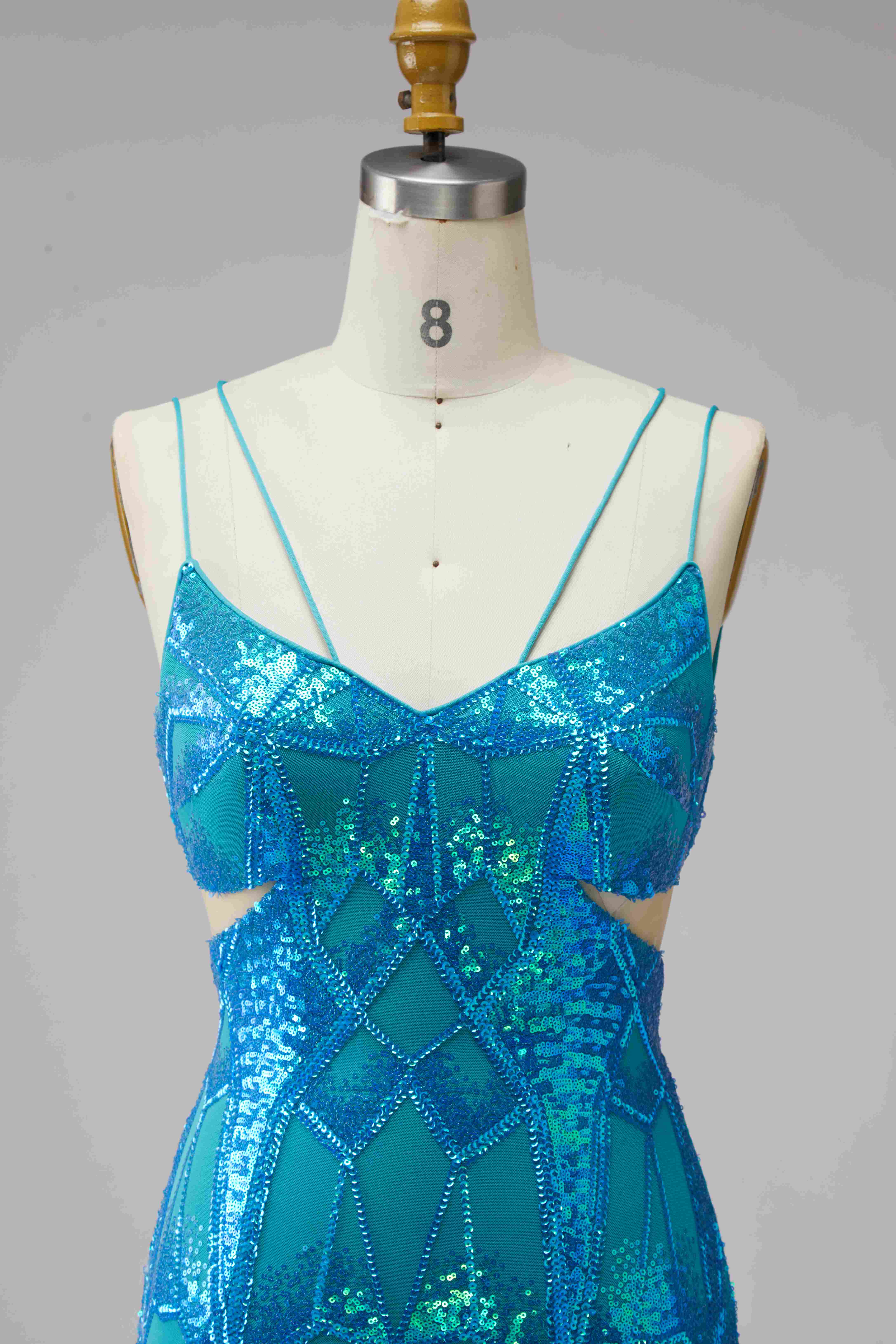 SPU - 608S40LF007 Turquoise Sequin Cut‑Out Spaghetti Strap Mini Dress