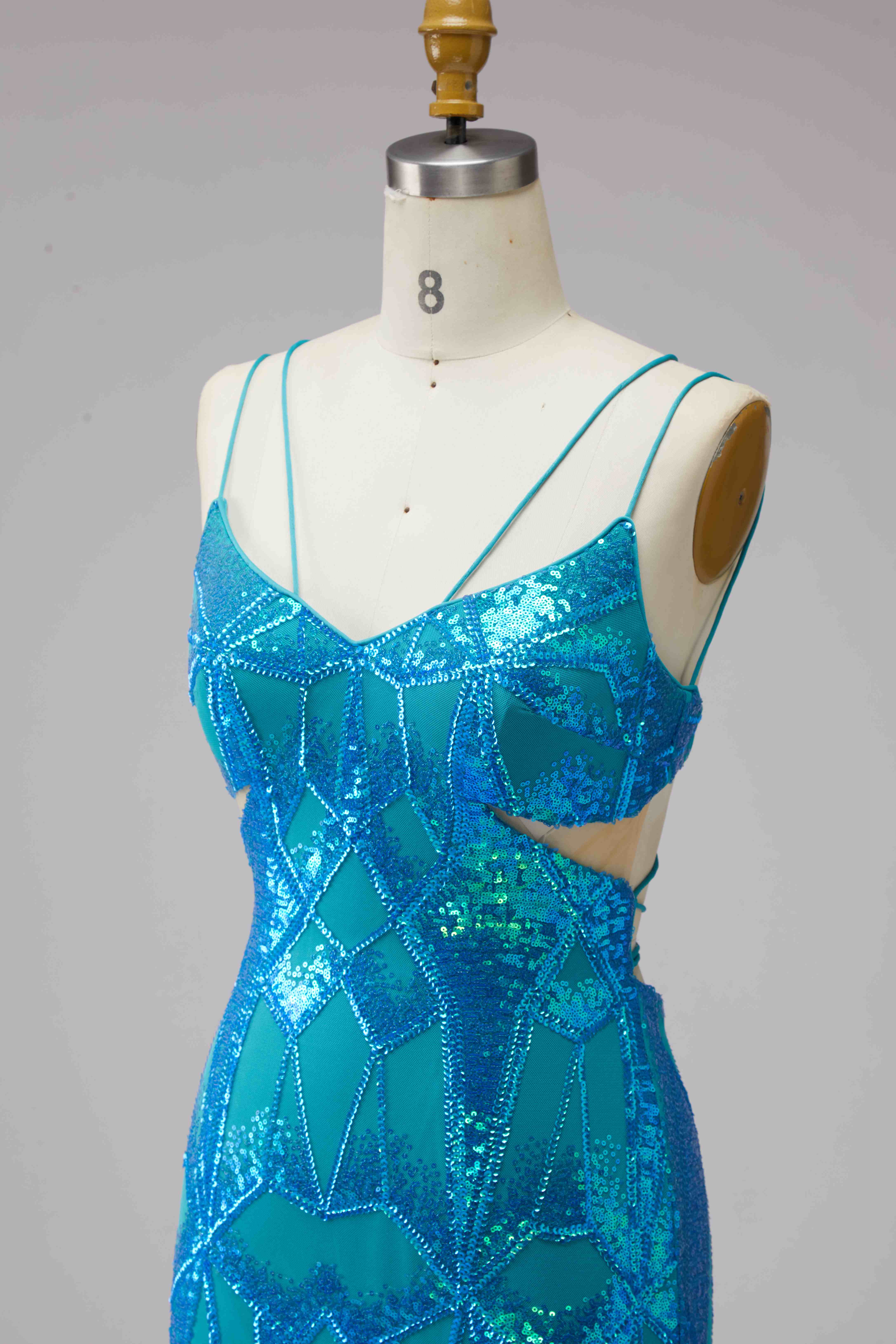 SPU - 608S40LF007 Turquoise Sequin Cut‑Out Spaghetti Strap Mini Dress