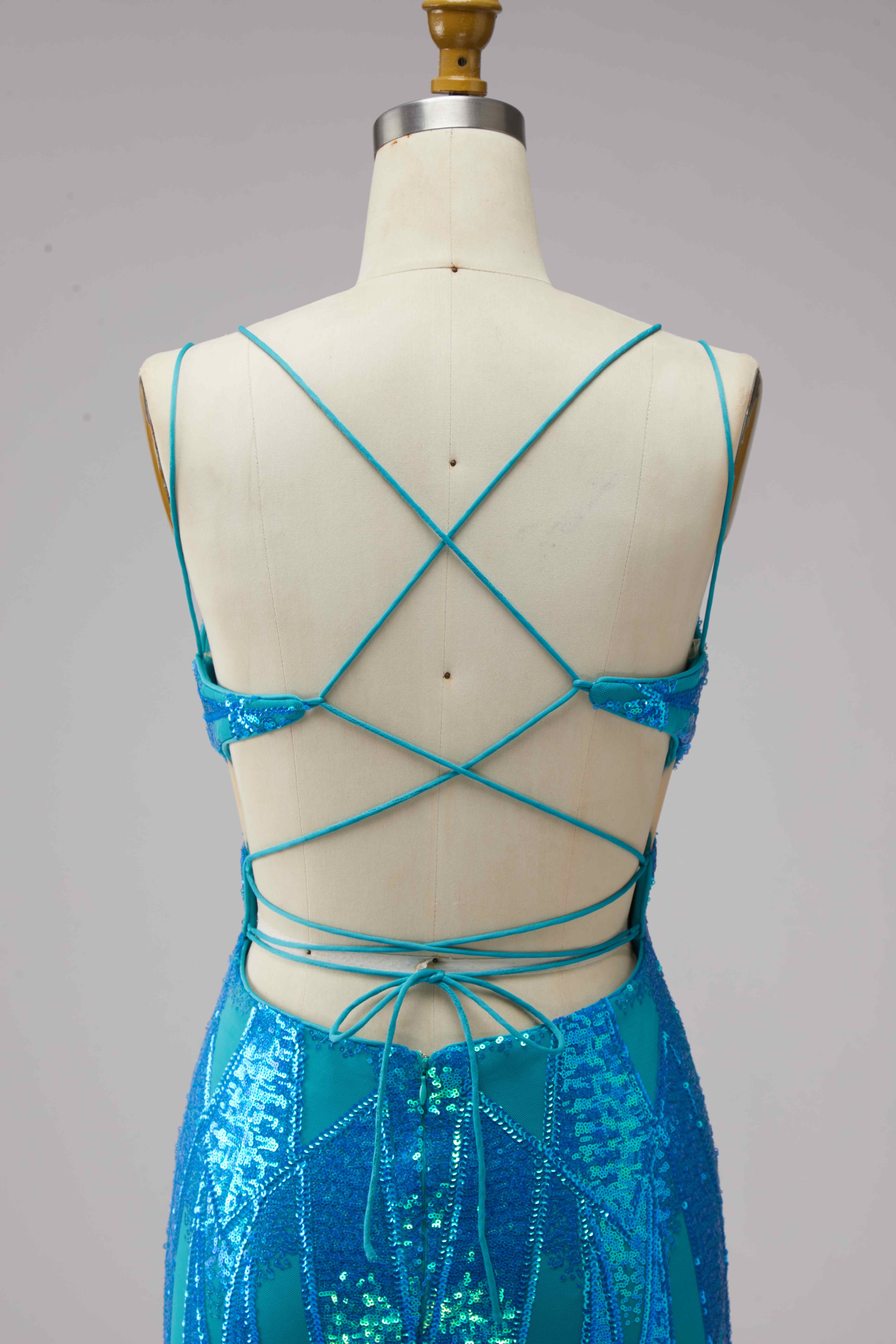 SPU - 608S40LF007 Turquoise Sequin Cut‑Out Spaghetti Strap Mini Dress