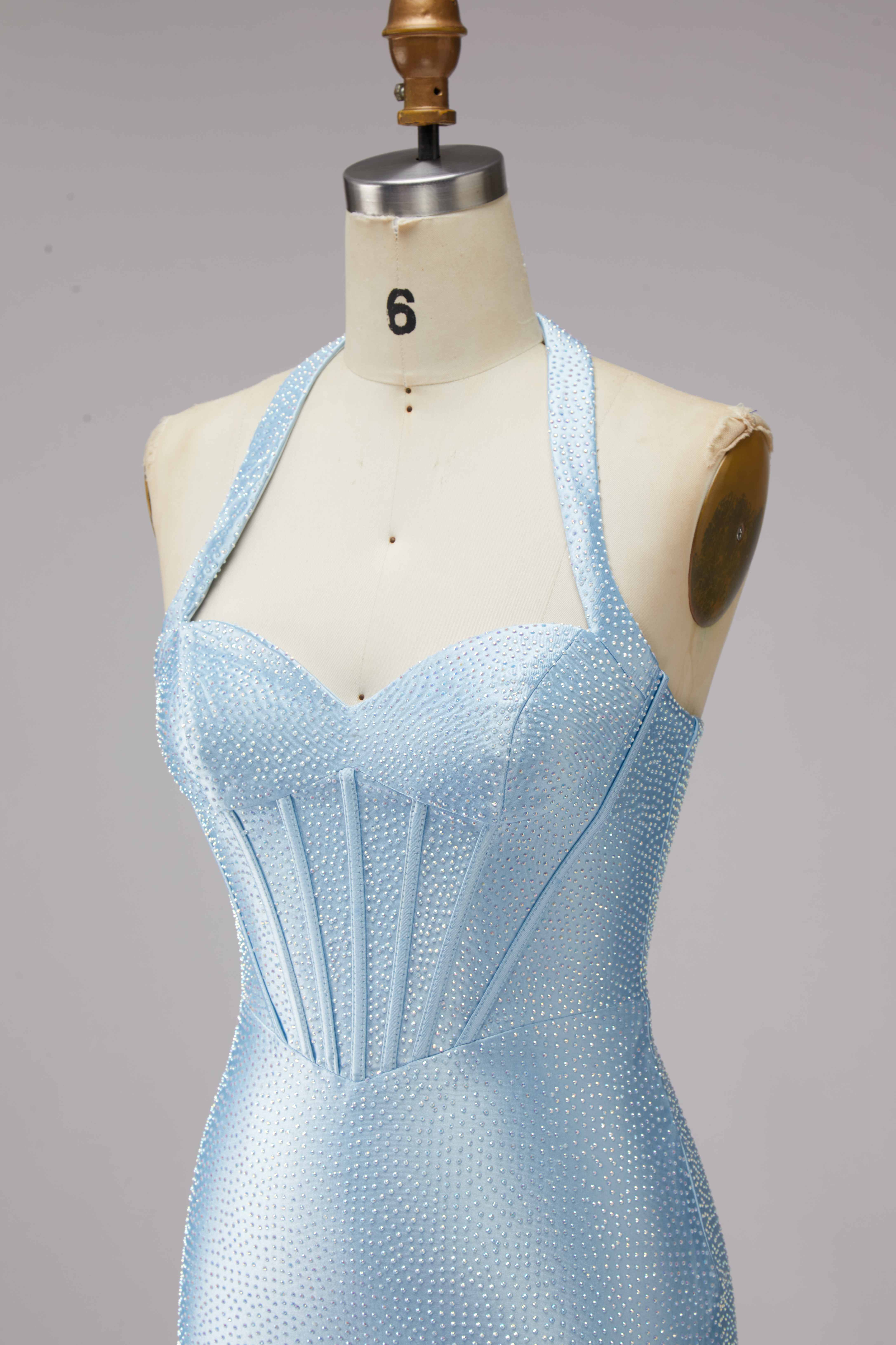 SKU - 608S02LF0032 Light Blue Halter Corset Bodycon Homecoming Dress