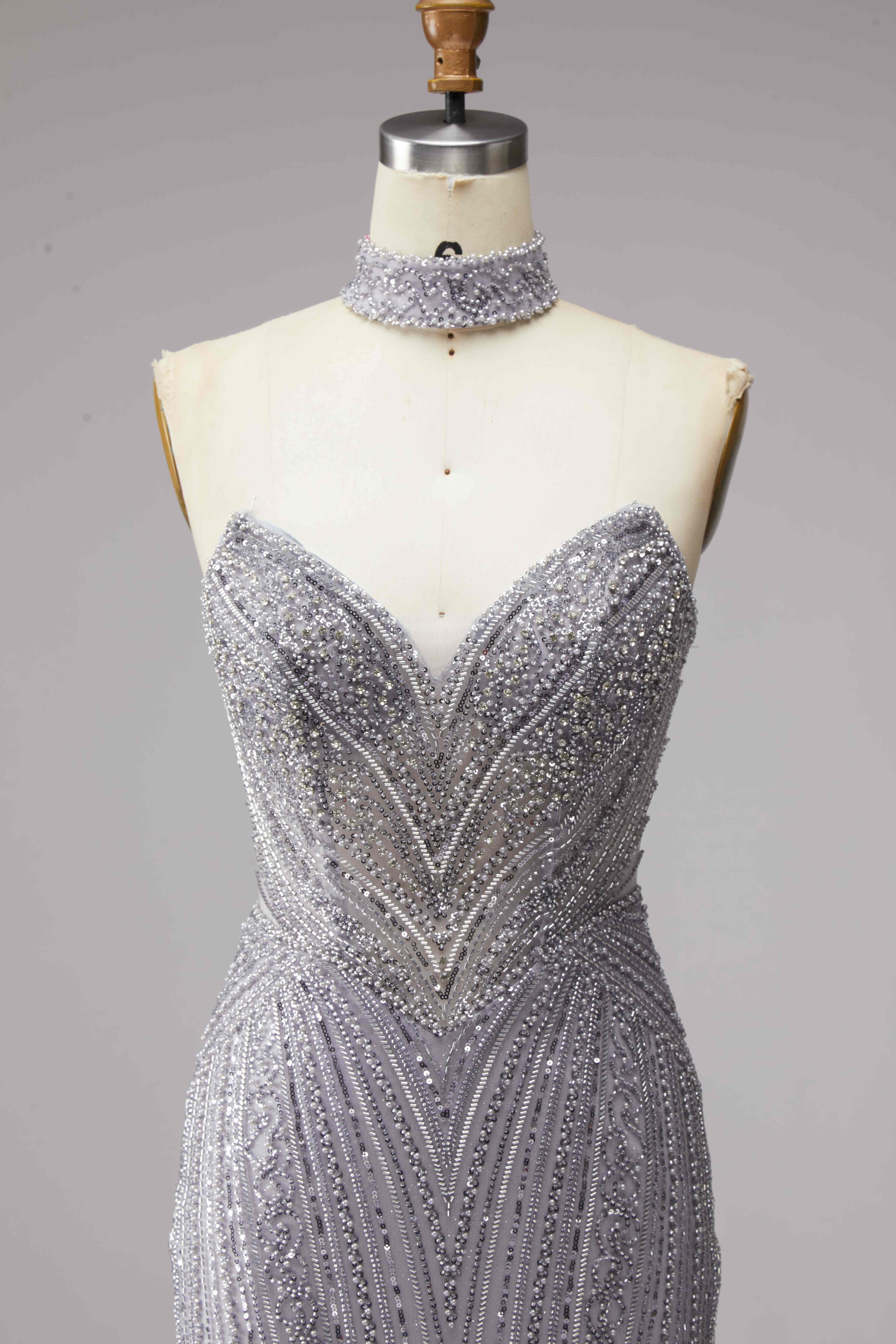 SPU - 608S40LF005 Silver‑Grey Beaded Sweetheart Mermaid Dress