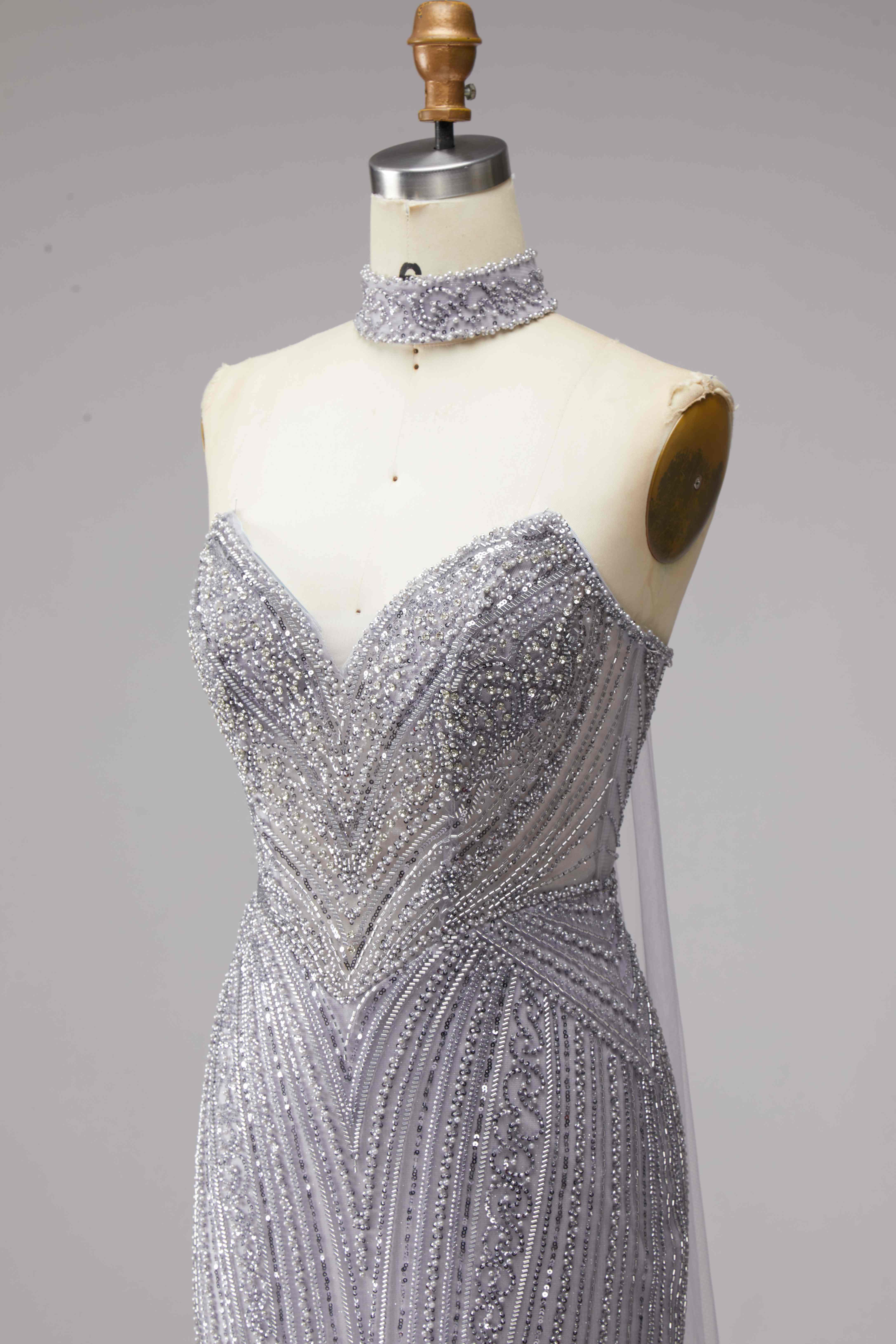 SPU - 608S40LF005 Silver‑Grey Beaded Sweetheart Mermaid Dress