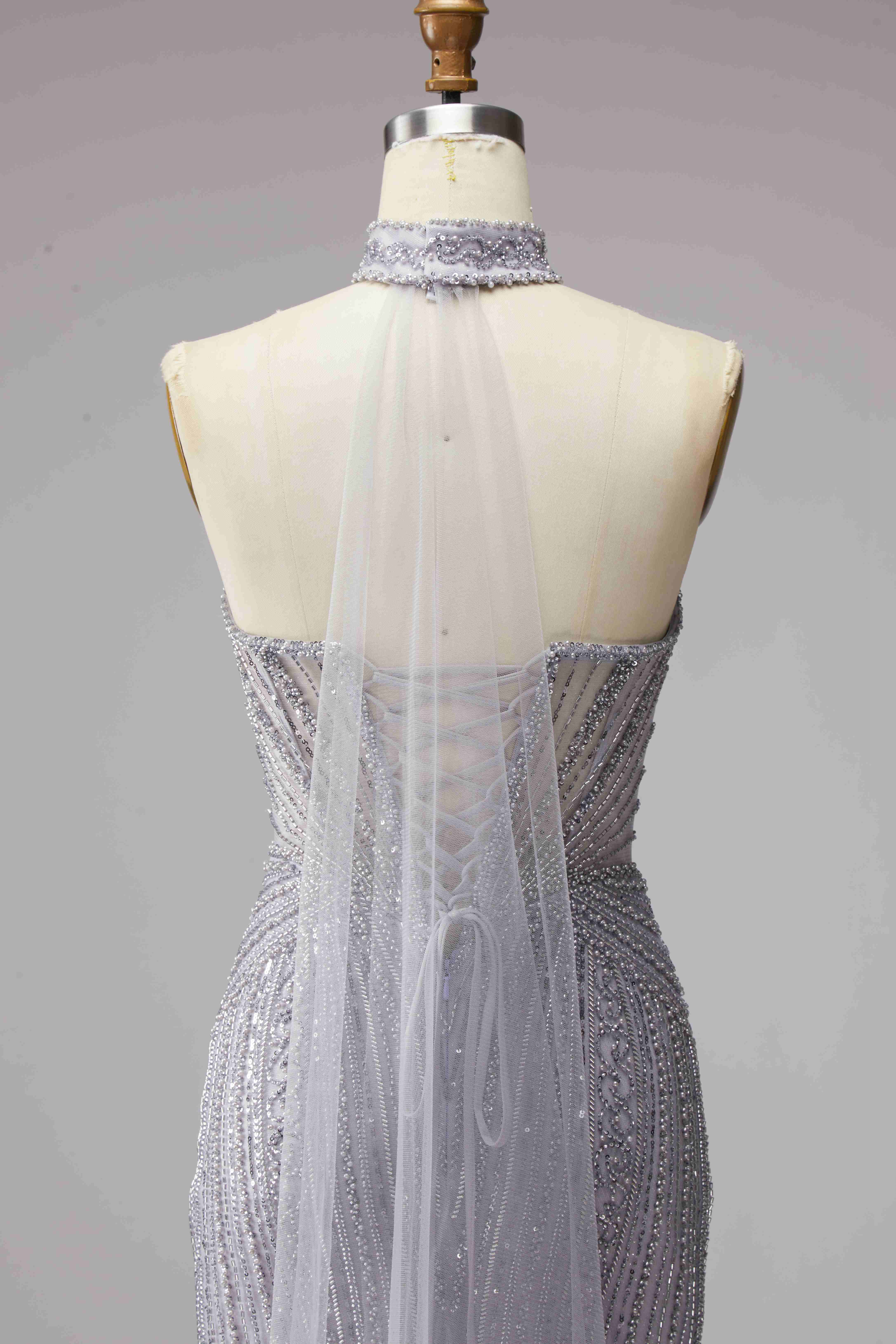 SPU - 608S40LF005 Silver‑Grey Beaded Sweetheart Mermaid Dress