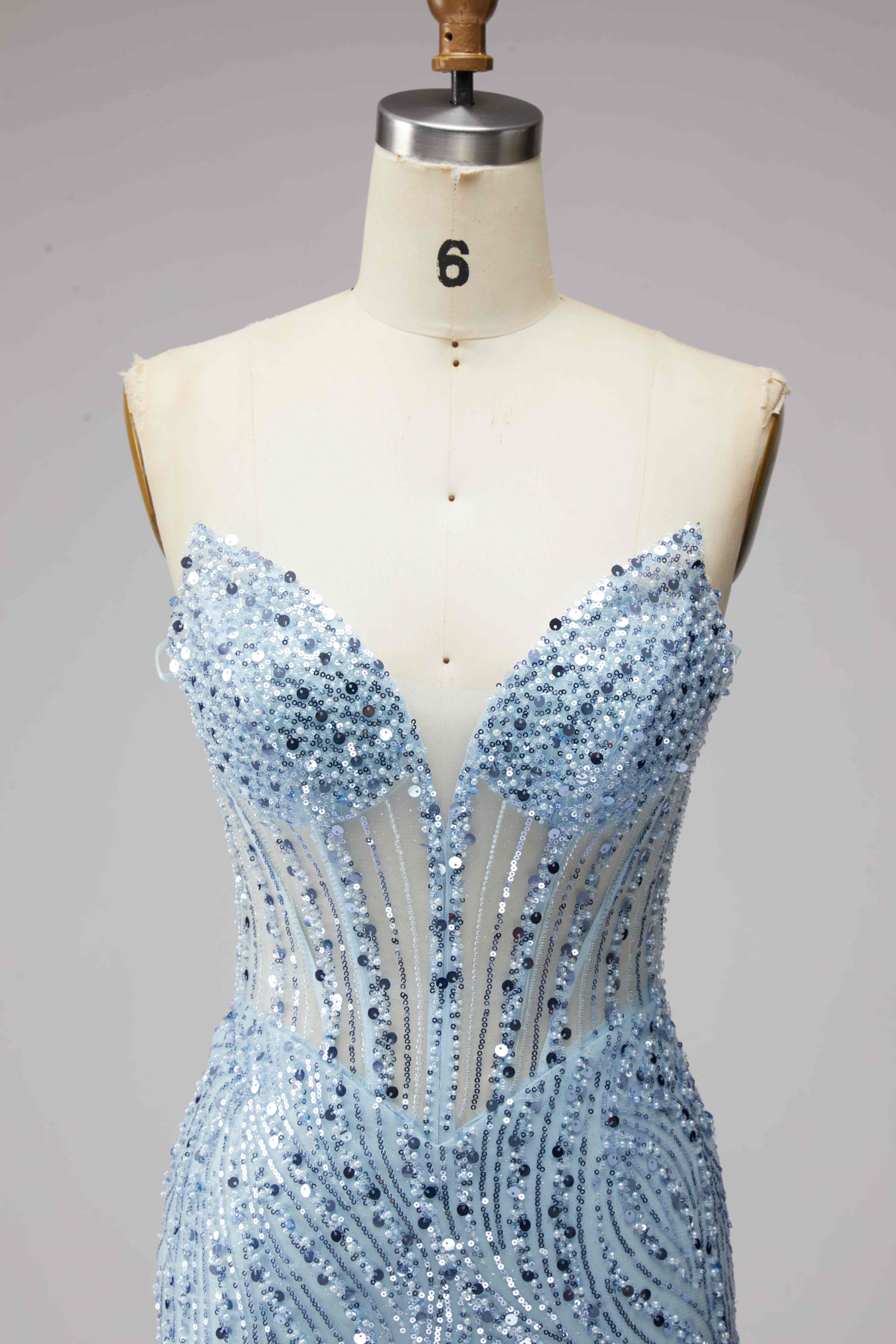 SPU - 608S20LF003 Sky Blue Beaded Sheer Mermaid Evening Gown