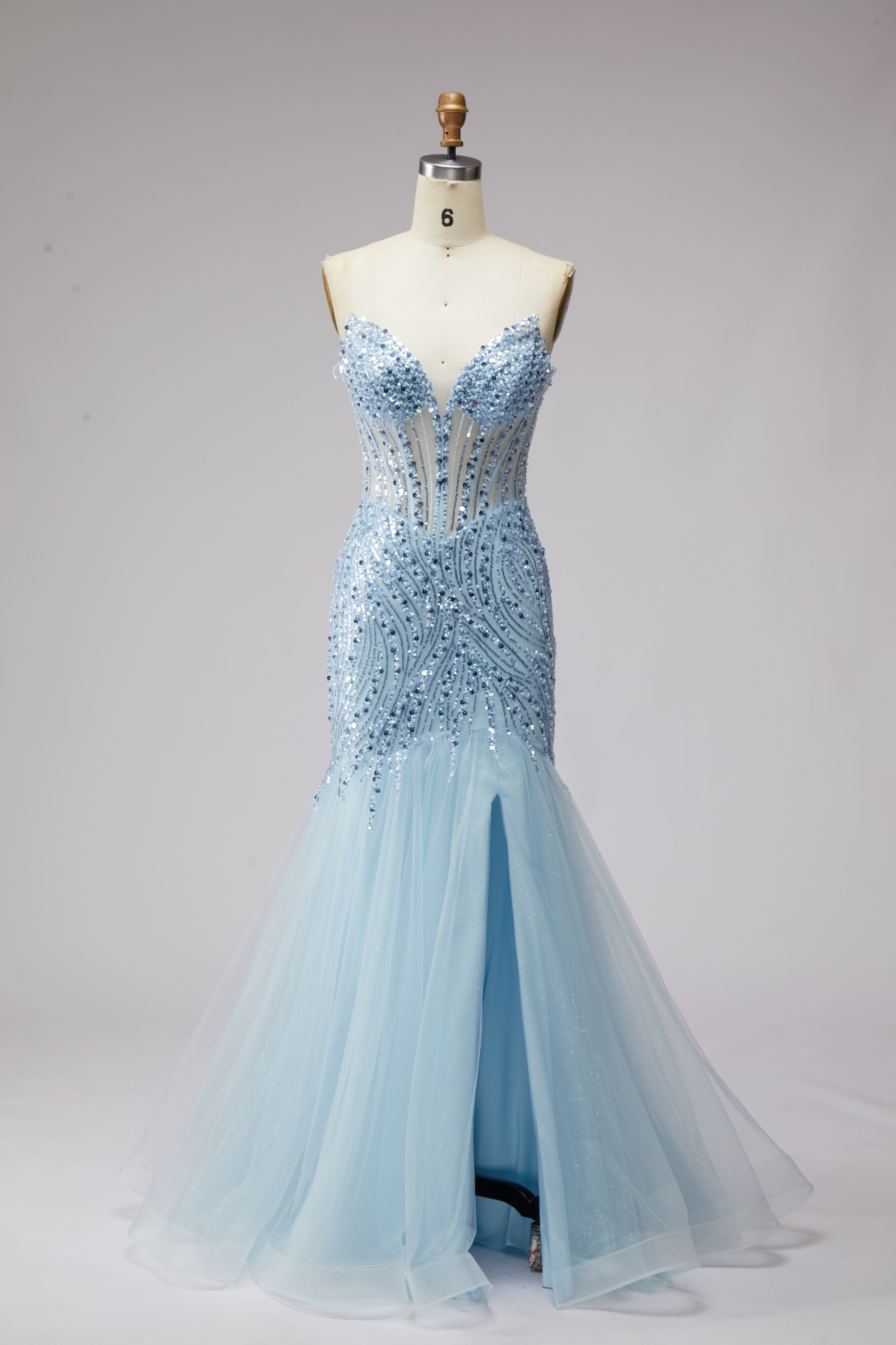 SPU - 608S20LF003 Sky Blue Beaded Sheer Mermaid Evening Gown