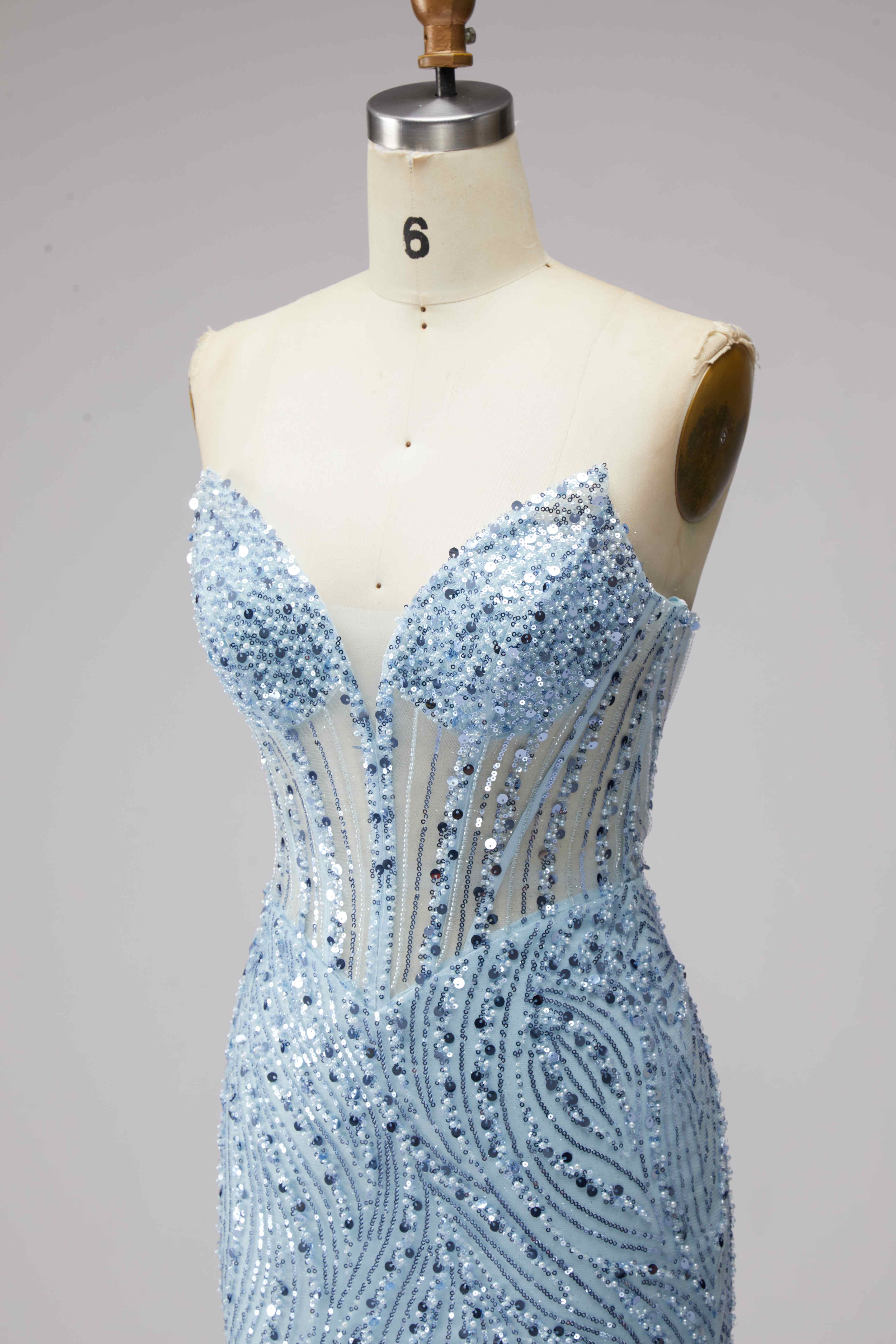 SPU - 608S20LF003 Sky Blue Beaded Sheer Mermaid Evening Gown