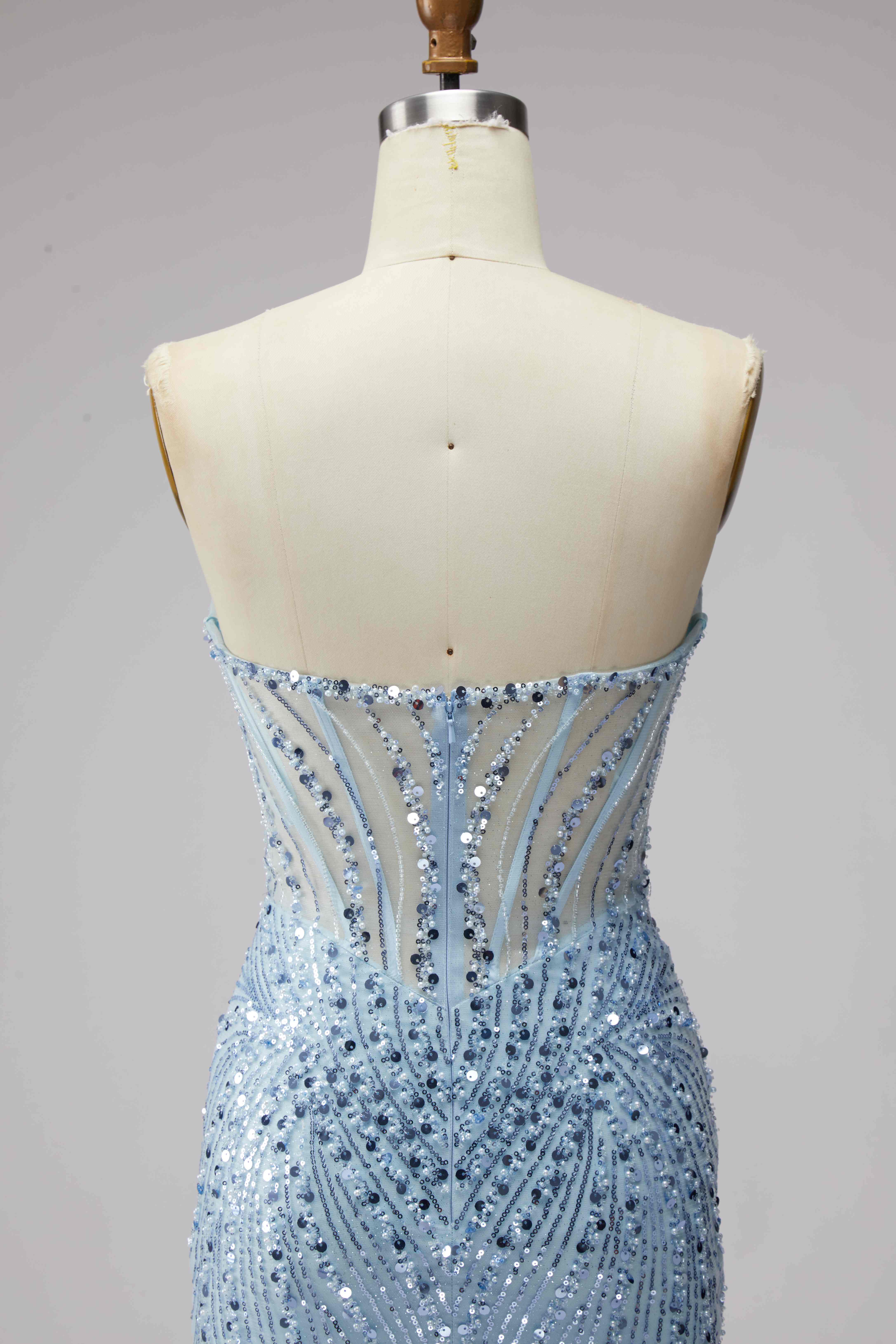 SPU - 608S20LF003 Sky Blue Beaded Sheer Mermaid Evening Gown