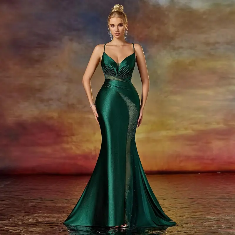 Emerald Green Satin Mermaid Prom Dress - Illusion V-Neck Evening Gown with Asymmetrical Sheer Rhinestone Panel