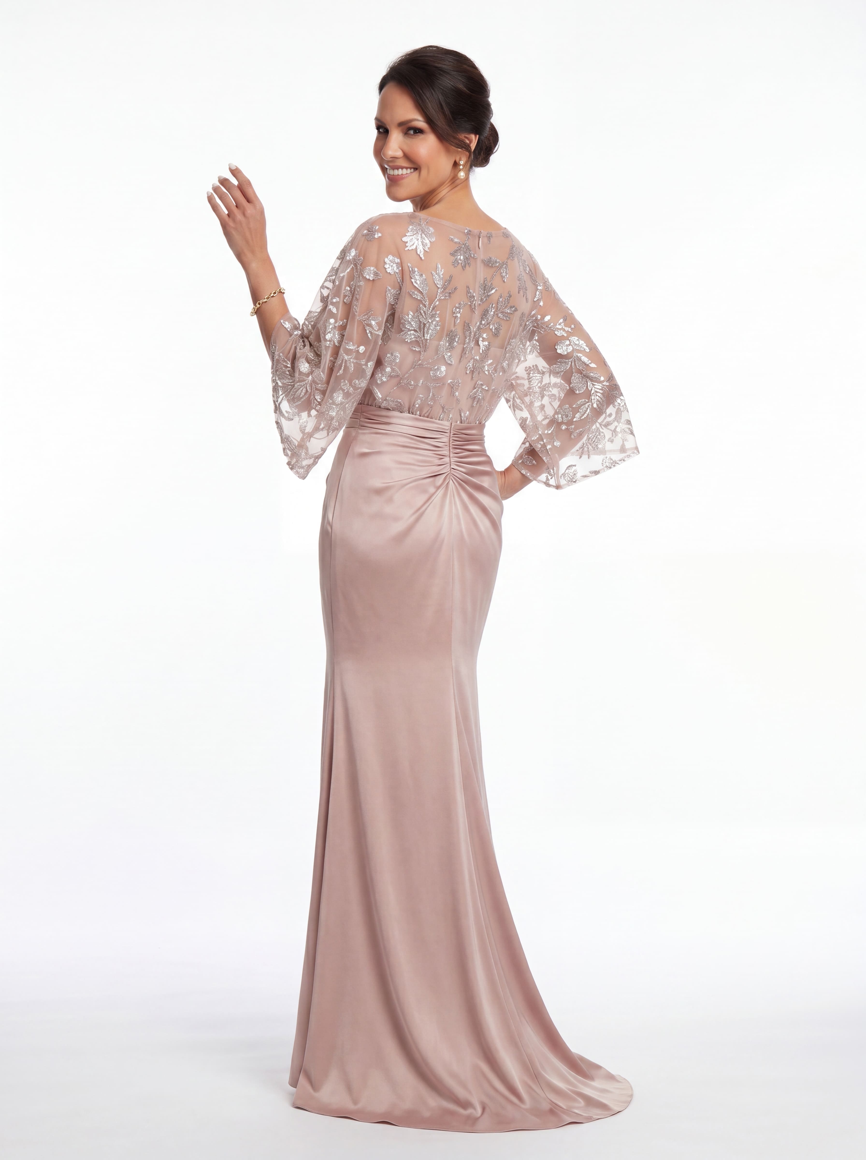 Blush Pink Floral Sequin Evening Gown - Batwing Sleeve Ruched Satin Mother of the Bride Dress