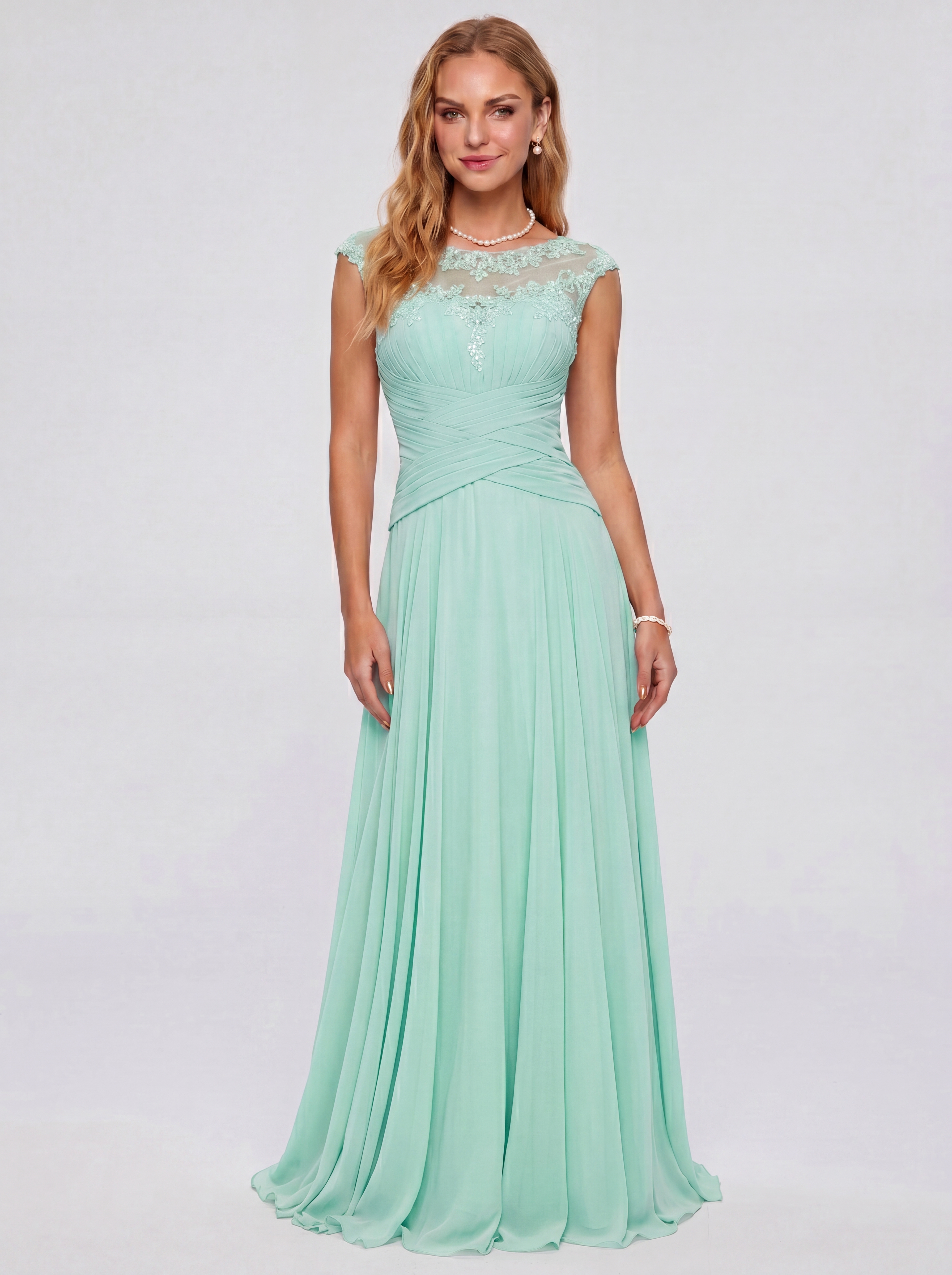 Elegant Cap Sleeve Illusion Neckline Maxi Dress - Ruched Waist Chiffon Formal Evening Gown for Wedding Guest, Bridesmaid & Prom