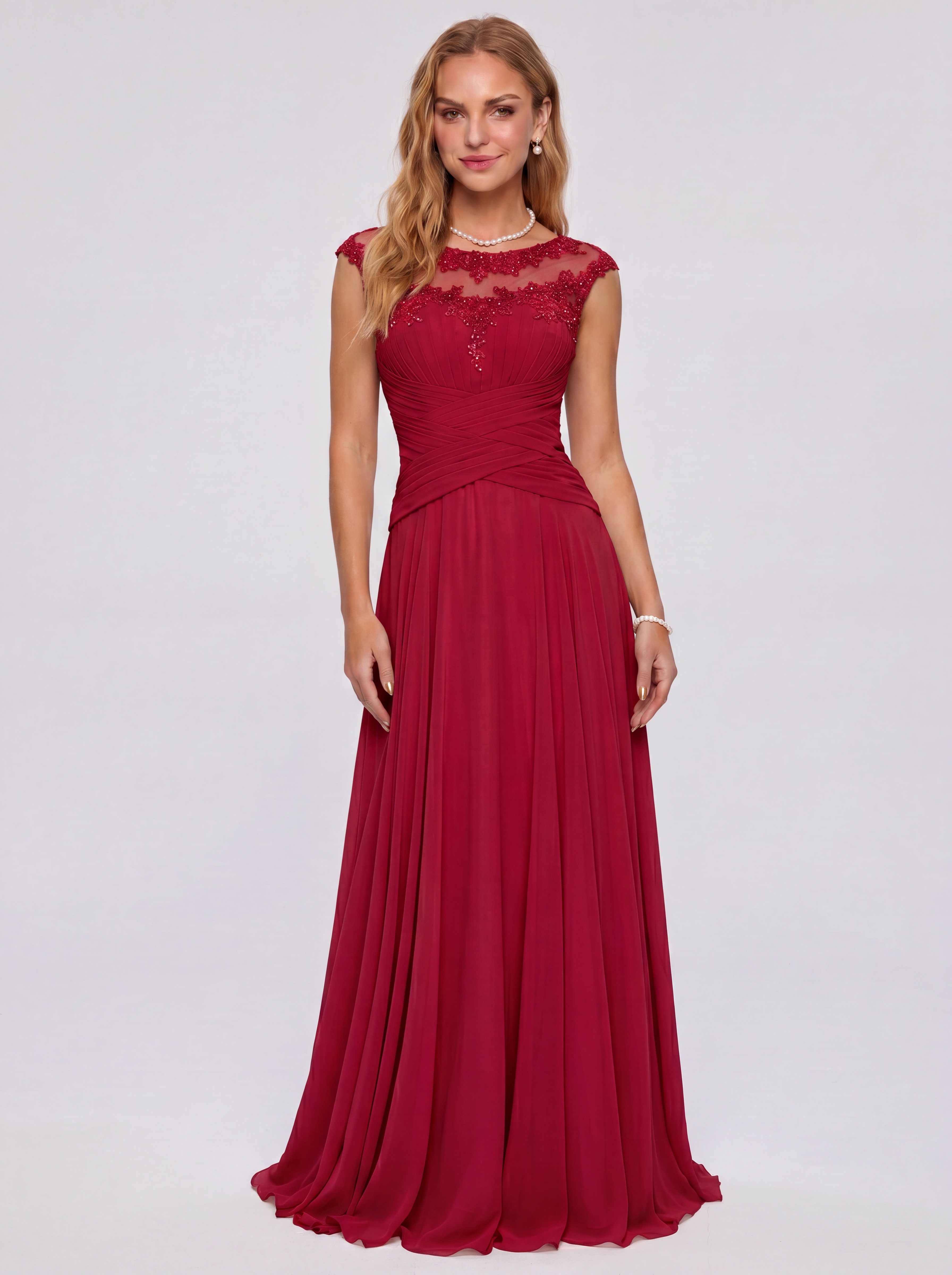 Elegant Cap Sleeve Illusion Neckline Maxi Dress - Ruched Waist Chiffon Formal Evening Gown for Wedding Guest, Bridesmaid & Prom