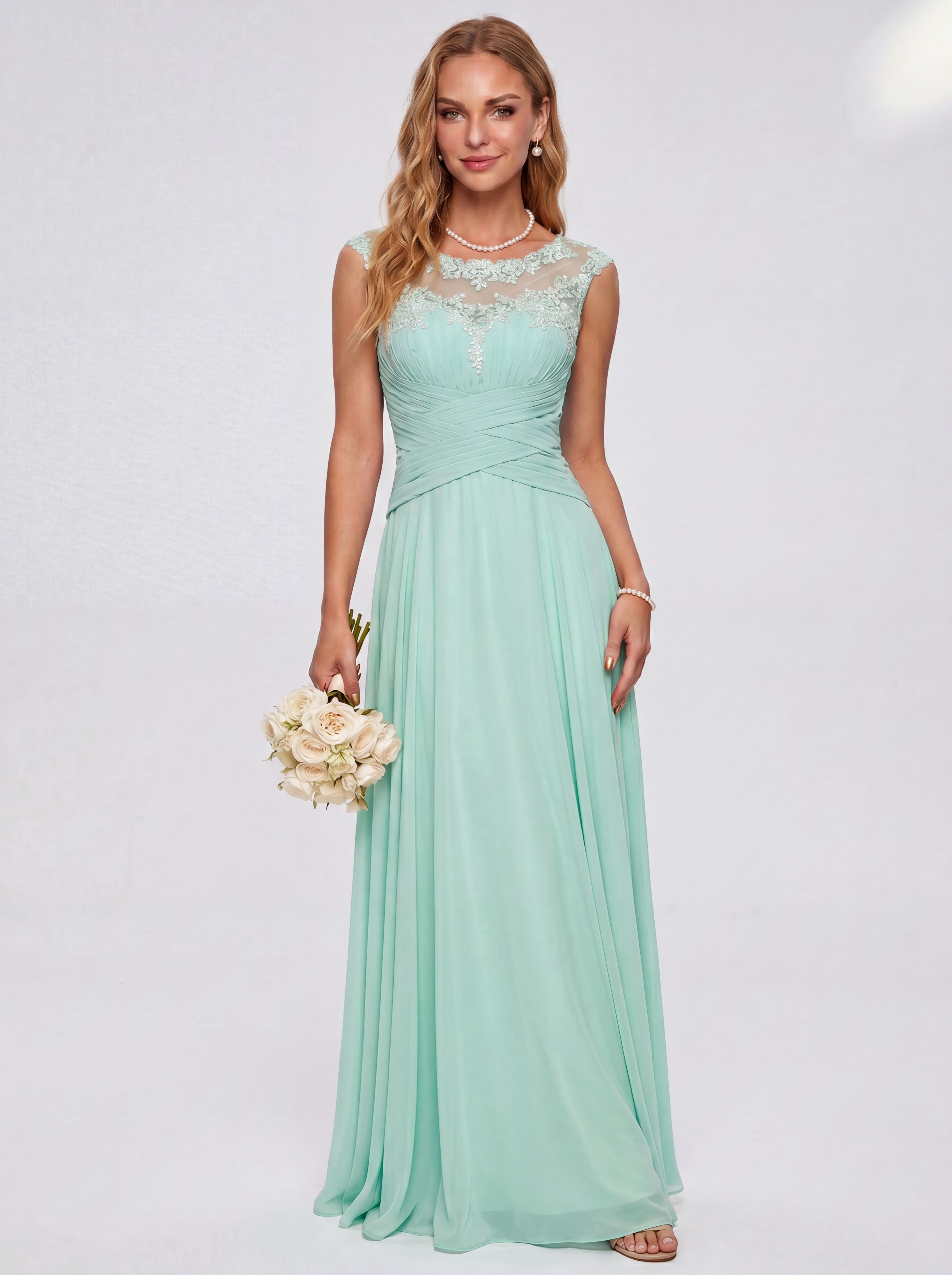 Elegant Cap Sleeve Illusion Neckline Maxi Dress - Ruched Waist Chiffon Formal Evening Gown for Wedding Guest, Bridesmaid & Prom
