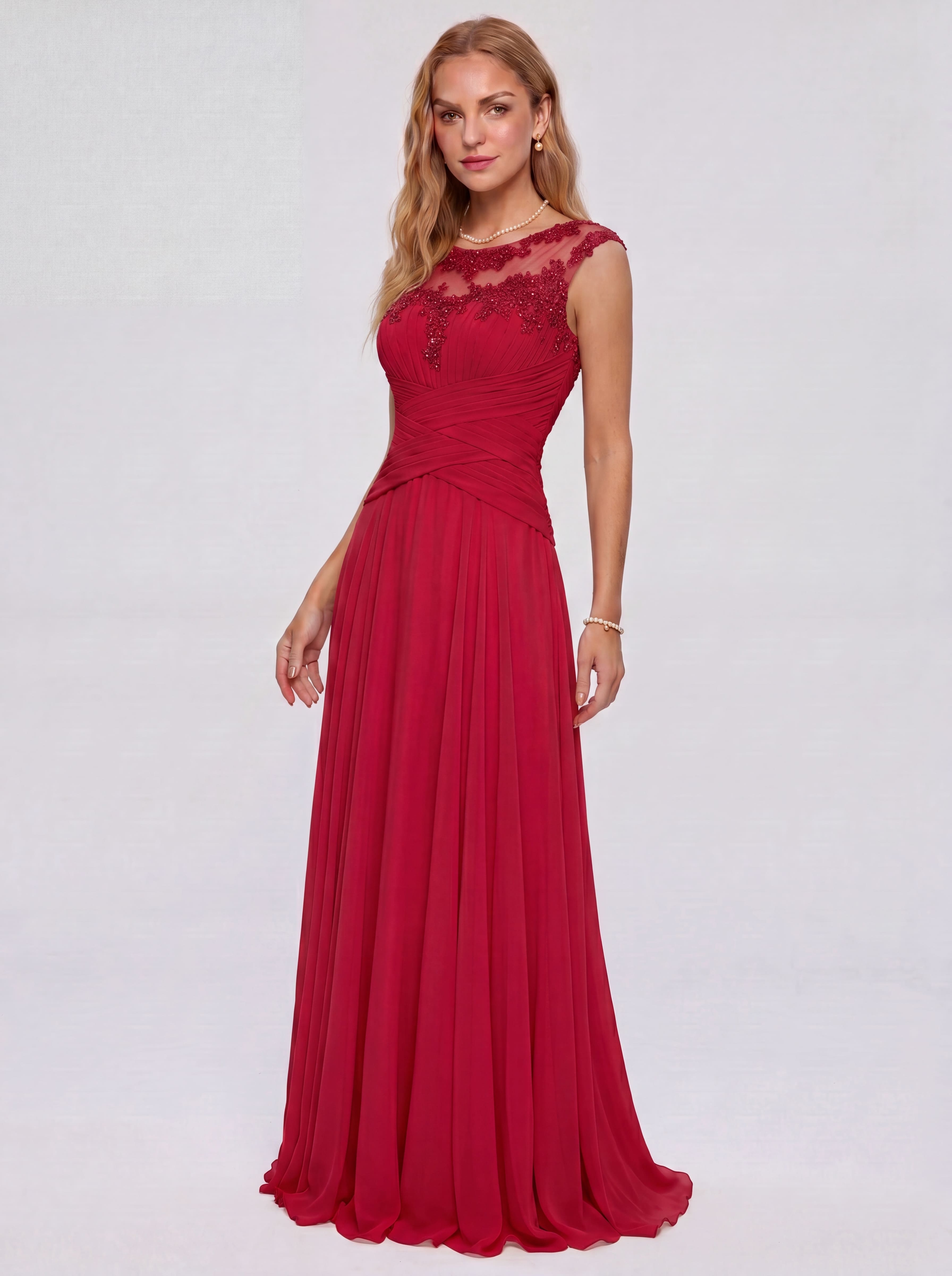 Elegant Cap Sleeve Illusion Neckline Maxi Dress - Ruched Waist Chiffon Formal Evening Gown for Wedding Guest, Bridesmaid & Prom