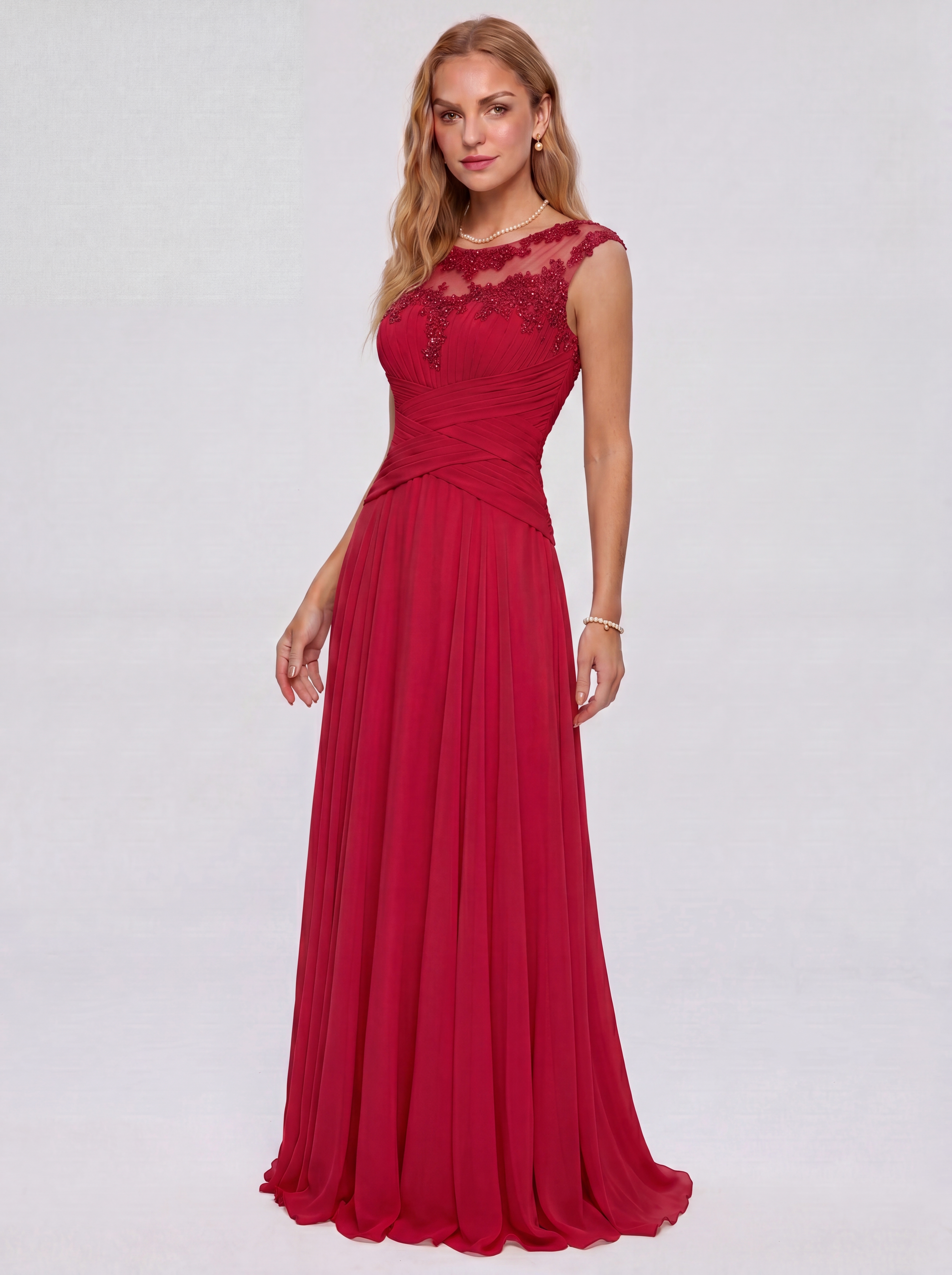 Elegant Cap Sleeve Illusion Neckline Maxi Dress - Ruched Waist Chiffon Formal Evening Gown for Wedding Guest, Bridesmaid & Prom