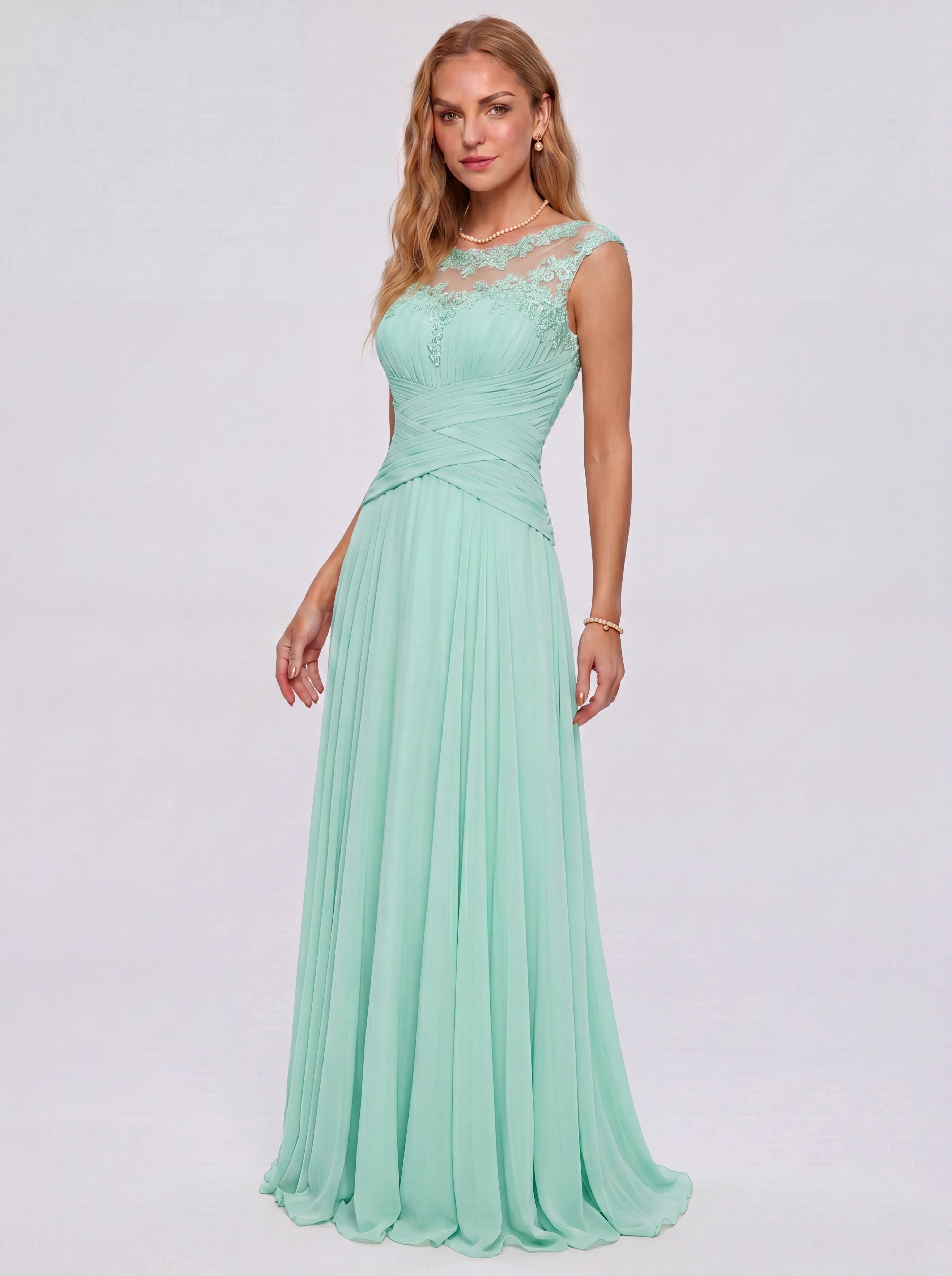 Elegant Cap Sleeve Illusion Neckline Maxi Dress - Ruched Waist Chiffon Formal Evening Gown for Wedding Guest, Bridesmaid & Prom