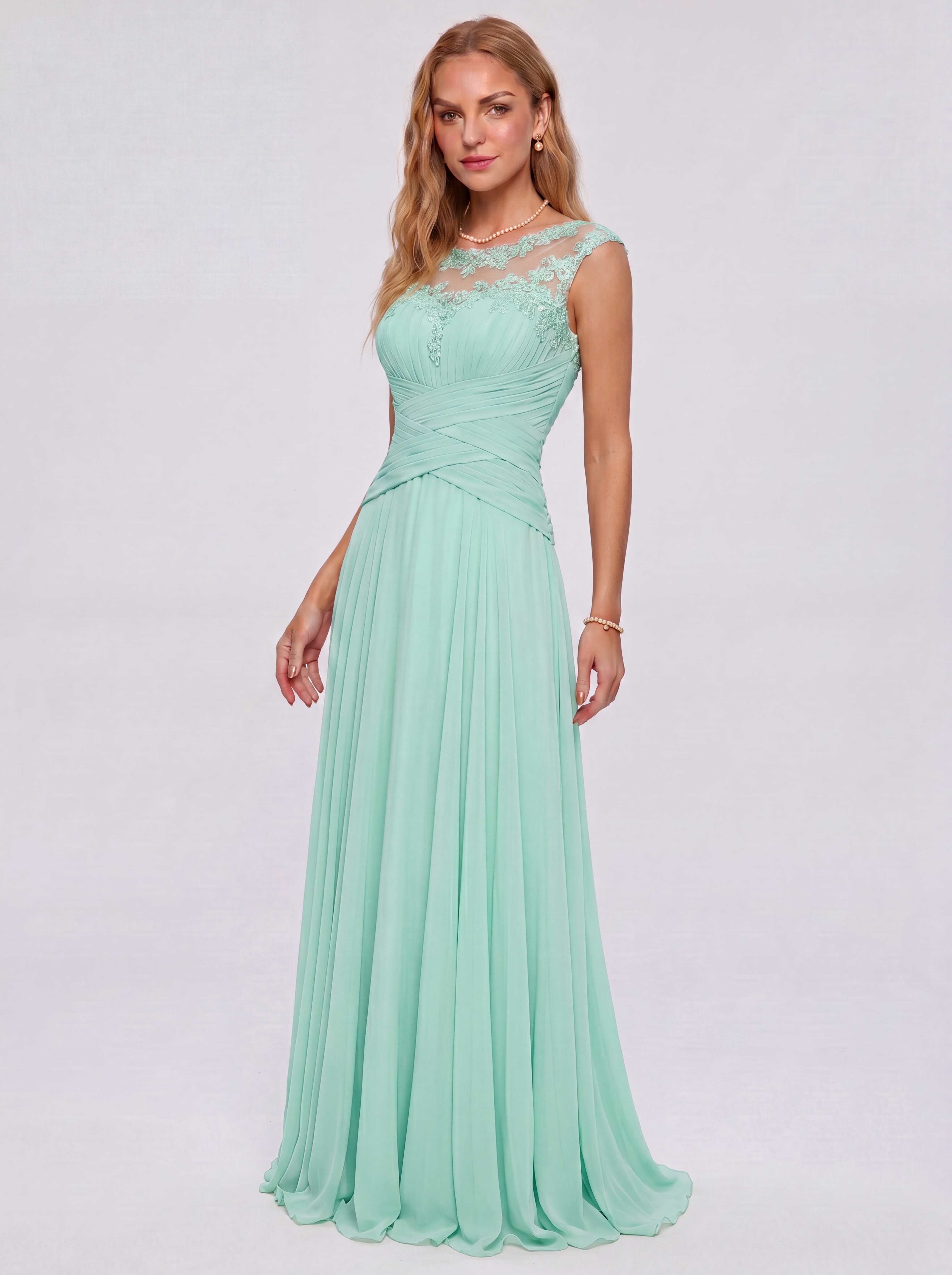 Elegant Cap Sleeve Illusion Neckline Maxi Dress - Ruched Waist Chiffon Formal Evening Gown for Wedding Guest, Bridesmaid & Prom
